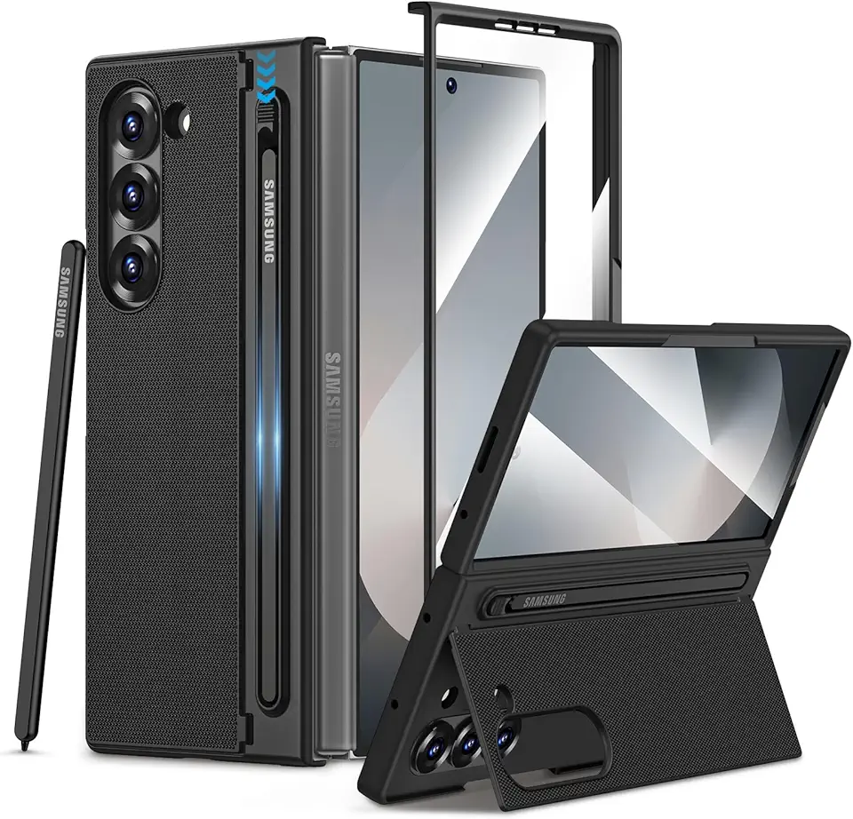 Maxdara Capa para Z Fold 6 com suporte para caneta S, capa para Galaxy Z Fold 6 com suporte dobrável oculto e protetor de tela integrado, capa fina à prova de choque, preta