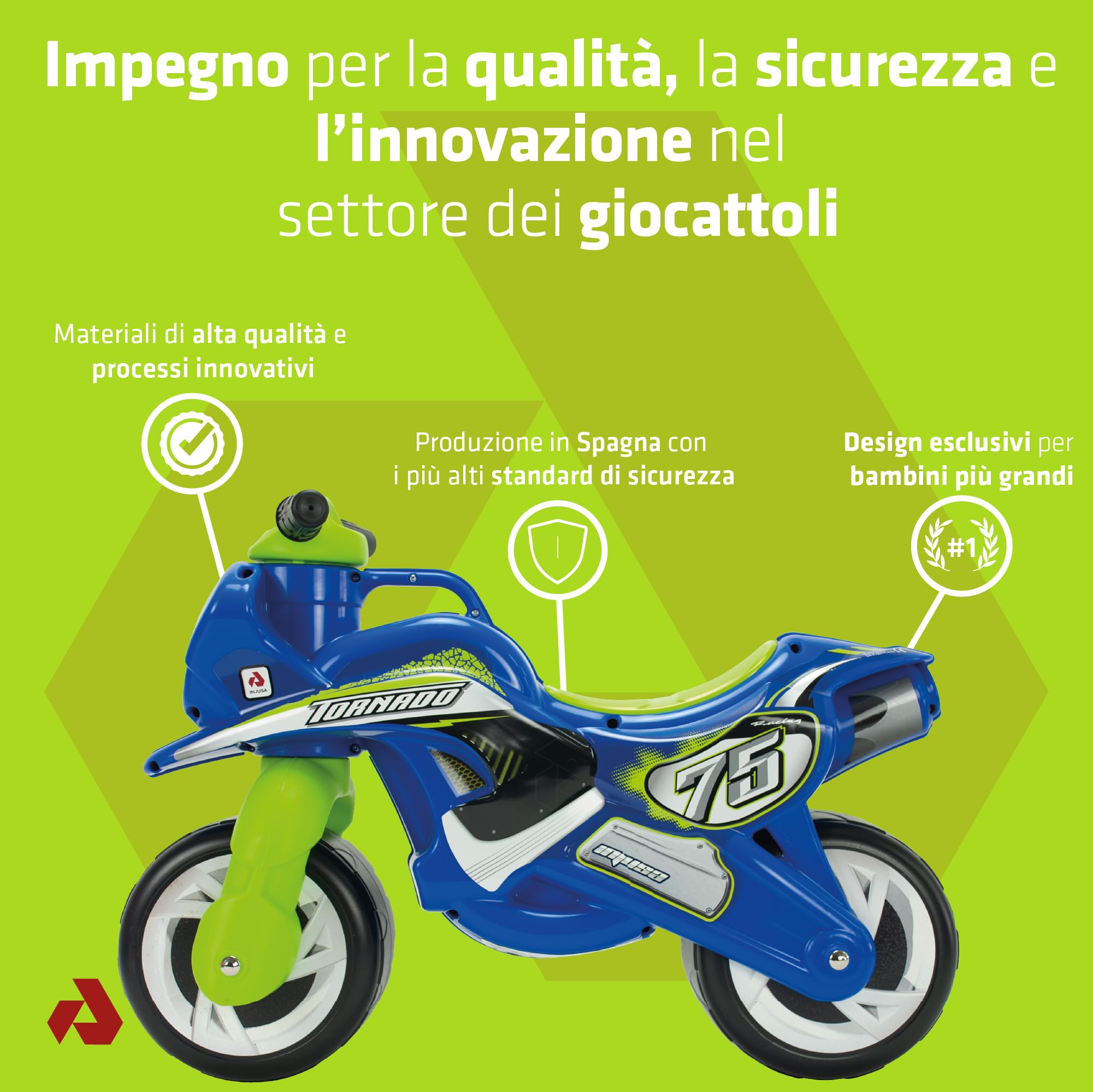 INJUSA Moto Cancelli Tundra Tornado Blu Verde Ruote larghe Plastica Maniglia Trasporto Bambini +18 Mesi