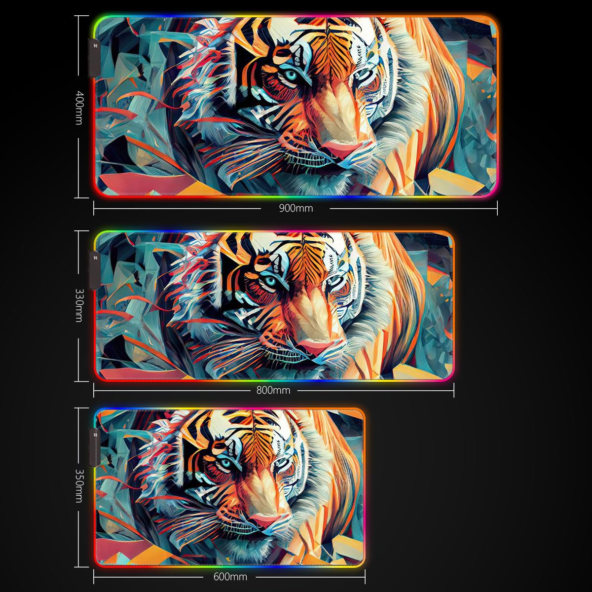 HEYCE Tappetino per mouse grande con scritta "The powerful Tiger ROG Extended Large LED Gaming Mouse Mat con bordi cuciti (60 x 35 x 0,3) cm, accessorio per scrivania per PC e ufficio