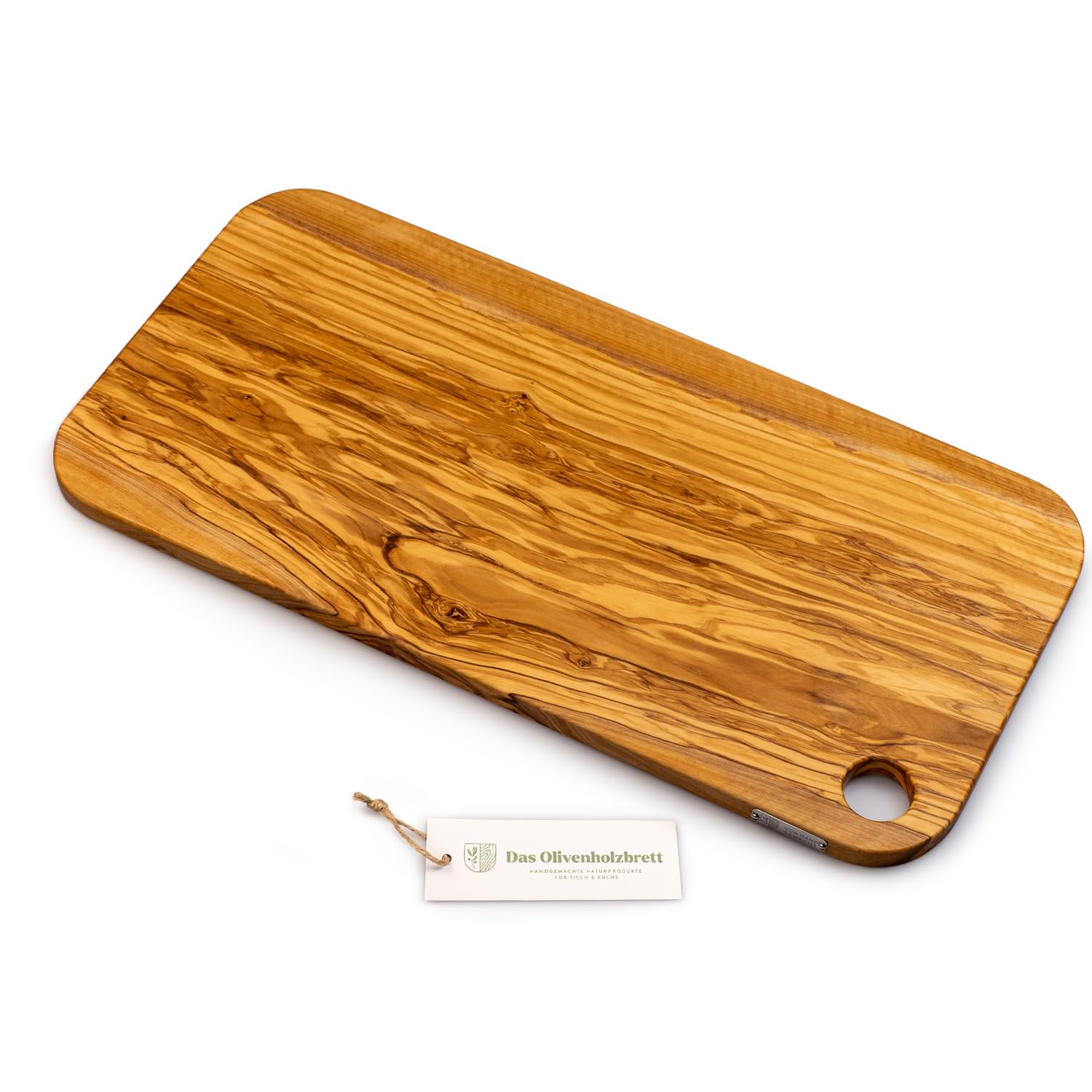 DAS OLIVENHOLZBRETT® Schneidebrett oder Servierbrett mit abgerundeten Ecken und Loch 60cm x30cm x2,5cm