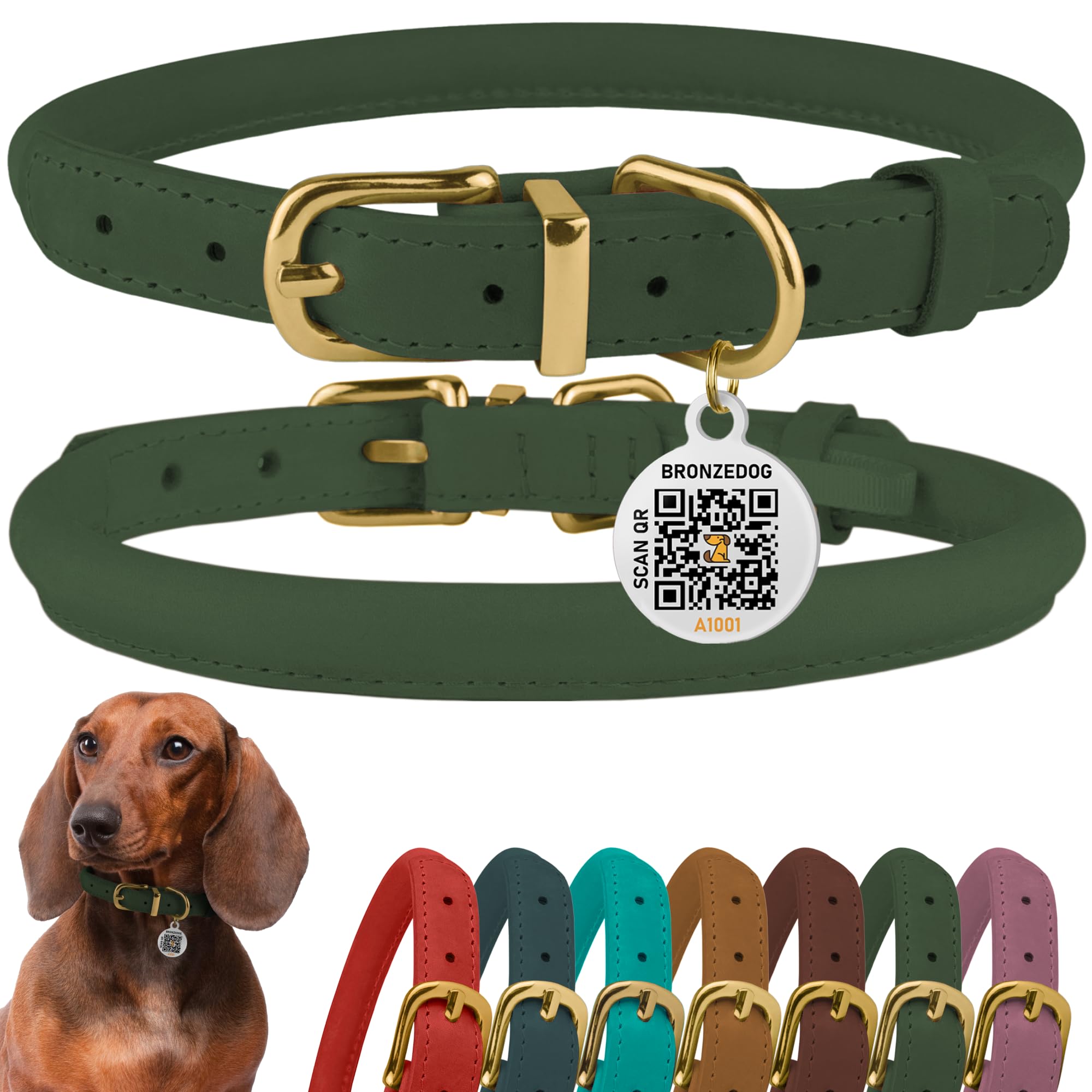 BronzeDog Rolled Leather Dog Collar with QR ID Tag, Adjustable Soft Round Collars for Small Medium Large Dogs Puppy (16" - 19" Neck Size, Emerald