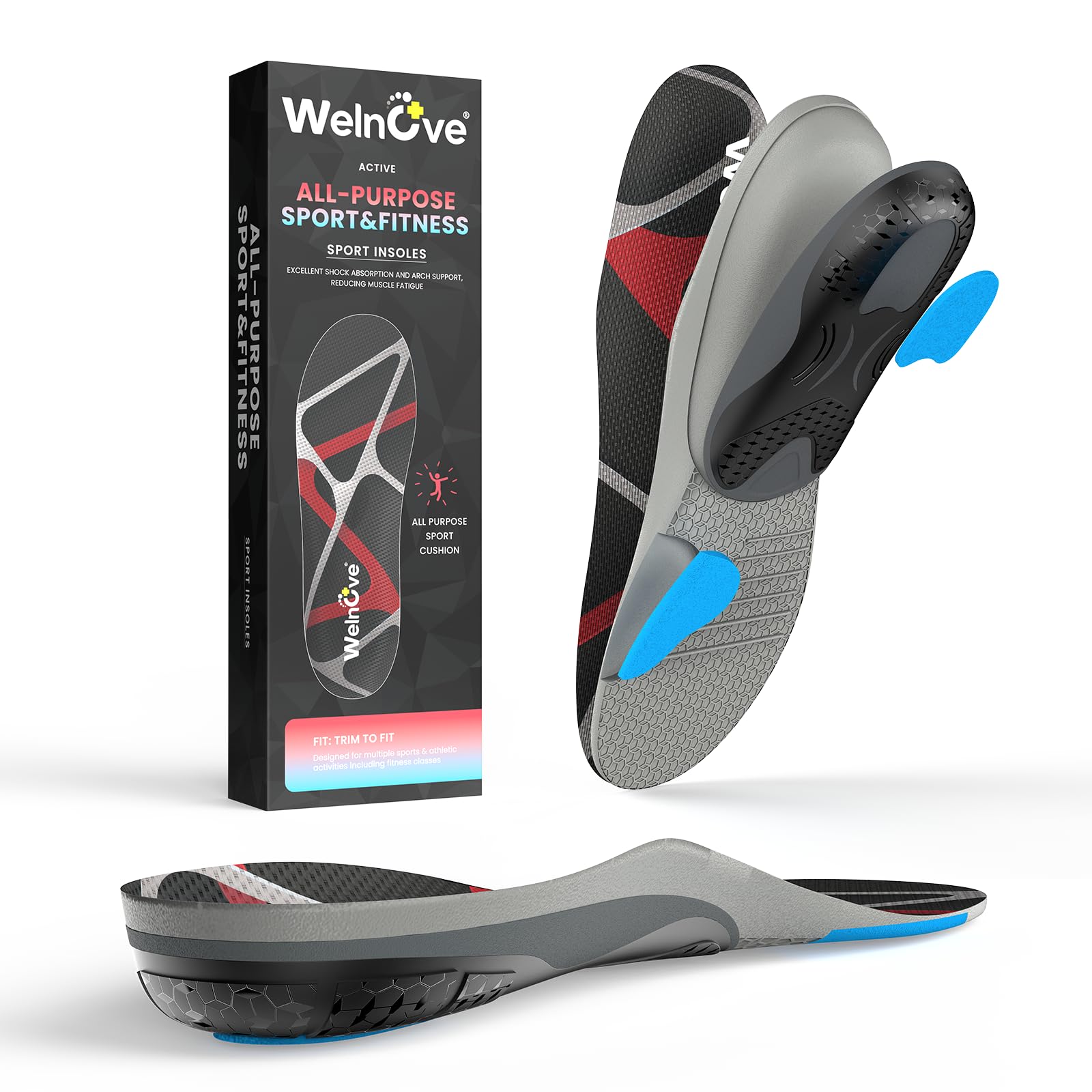 Welnove Plantillas Deportivas Multiuso – Salta más alto, corre más rápido, estabiliza mejor – para correr, baloncesto, fútbol, voleibol – Absorción impactos y retorno energía - M