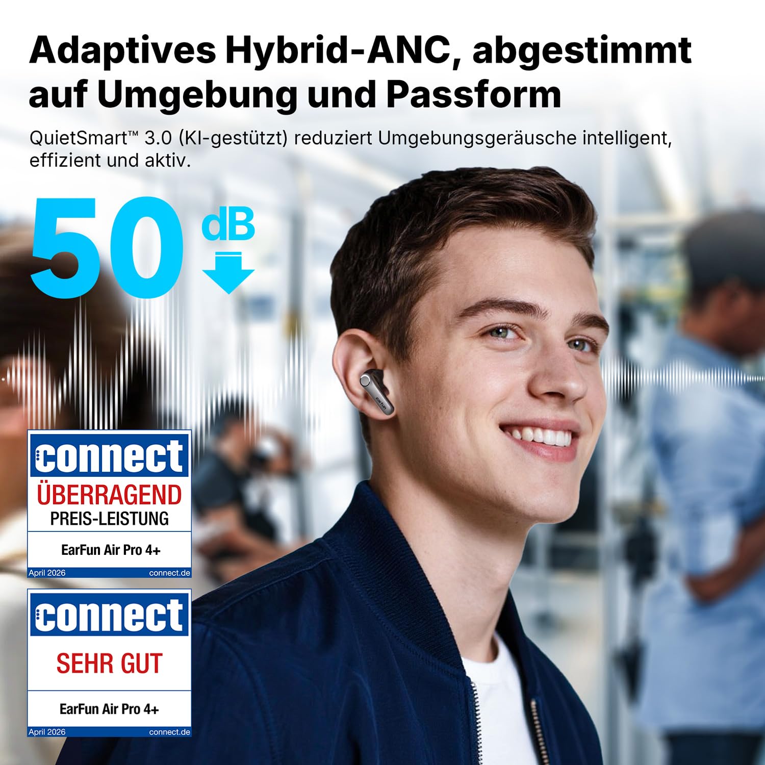 EarFun Air Pro 4+ Bluetooth Kopfhörer mit Noise Cancelling, Hybrid-Treibersystem, Hi-Res Audio, aptX Lossless, LDAC, 6 Mik. KI Anrufe, 54 Std. Akku, Multipoint, Trageerkennung, IP55, Bluetooth 6.0