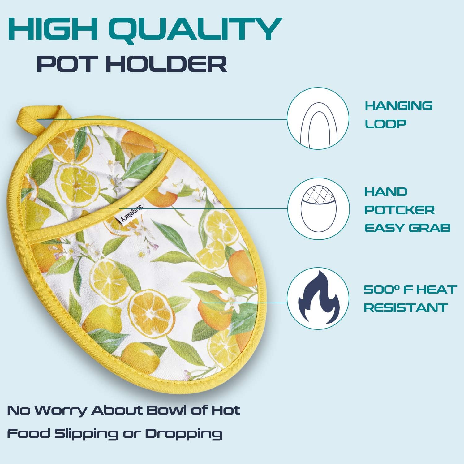 Sugelary Pot Holders, Heat Resistant up to 500F Hot Pads, Potholders with Pockets and Hanging Loop, Machine Washable Pot Holders for Kitchen, Cooking, Baking, 8’’10’’ , Yellow (Lemon): Kitchen & Dining