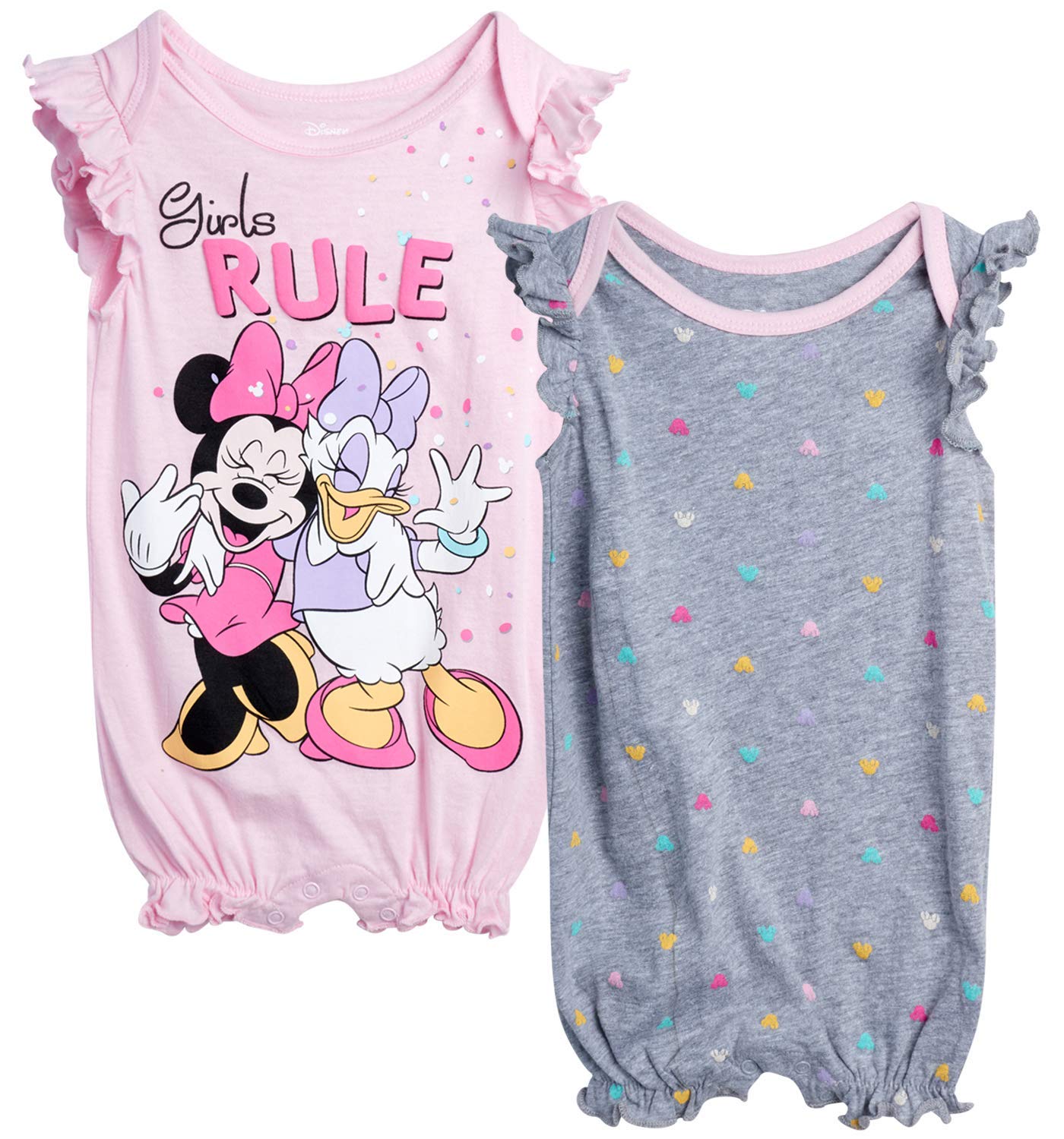Disney Baby Girls Romper 2 Pack: Minnie Mouse Ruffle Sleeve Romper (Newborn/Infant), Size 3-6 Months, Pink Minnie & Daisy/Grey Multi Polka Dots