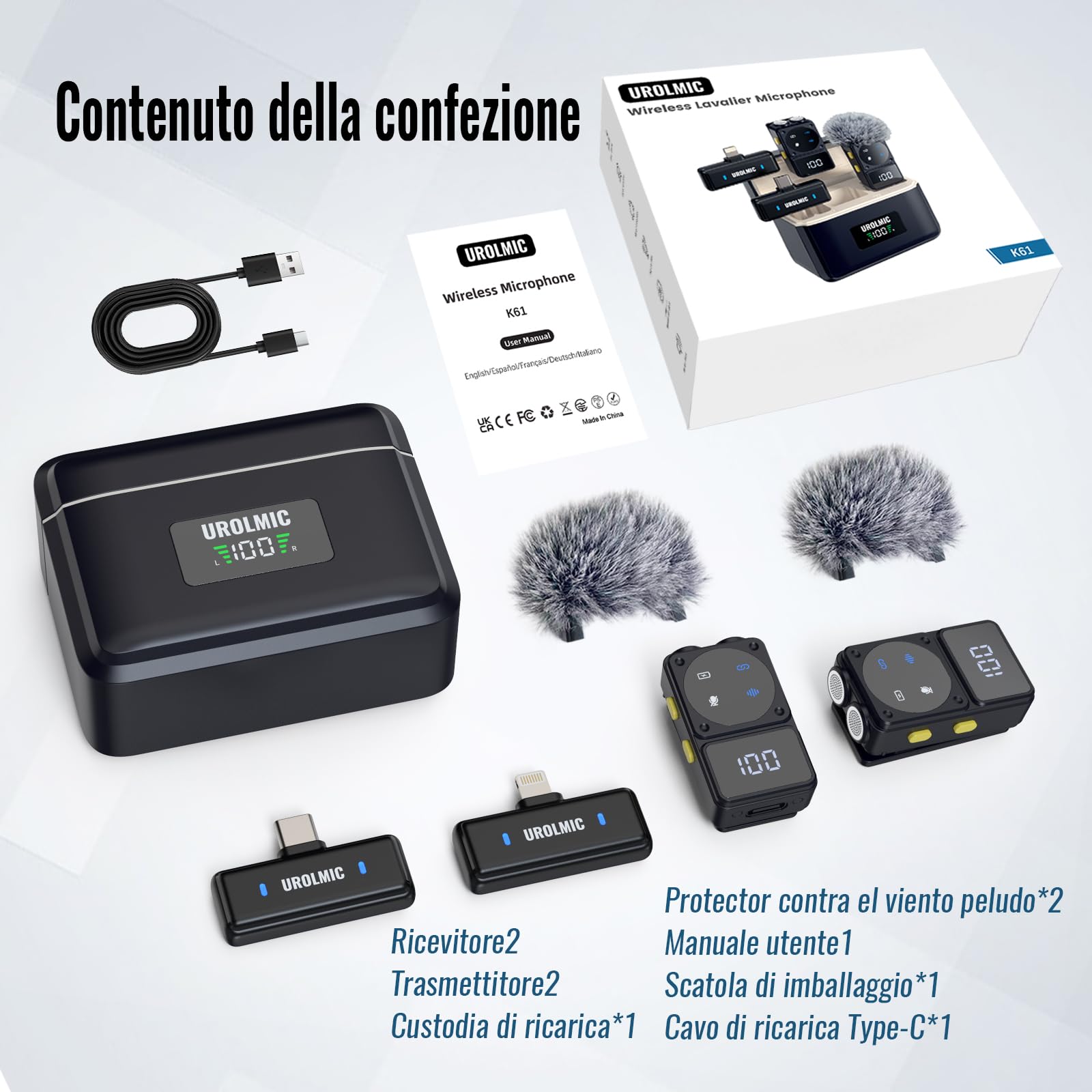Microfono Lavalier Wireless iOS Android con Riduzione Rumore | 45H Autonomia, Custodia con Display Digitale, Trasmissione 50M per Vlog, TikTok, Streaming e Registrazione