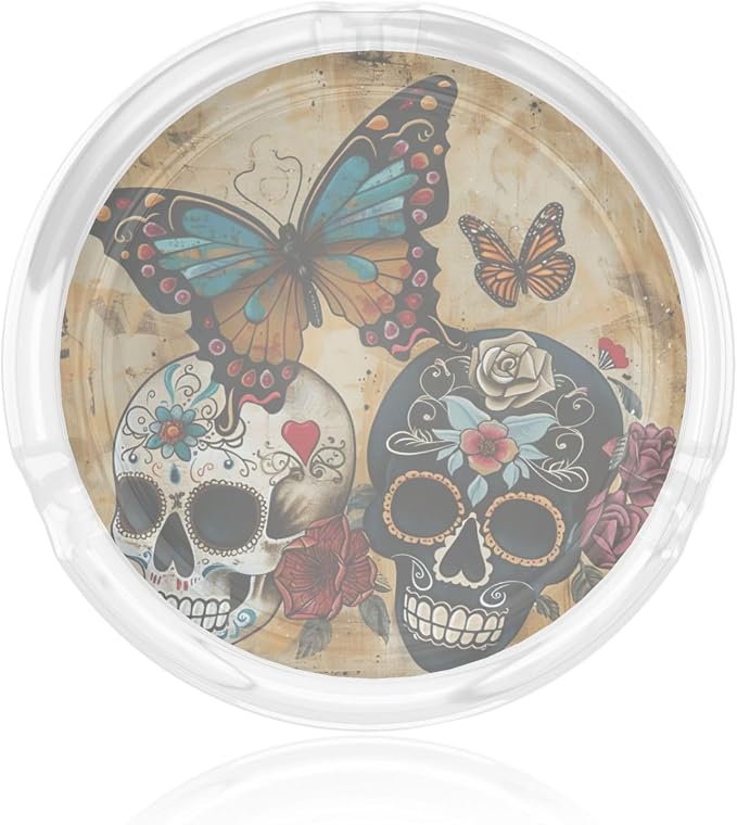 Sugar Skulls Butterfly Print Portable Decorative Modern Ashtray For Home Office Indoor Outside Patio Outdoor Balcony
