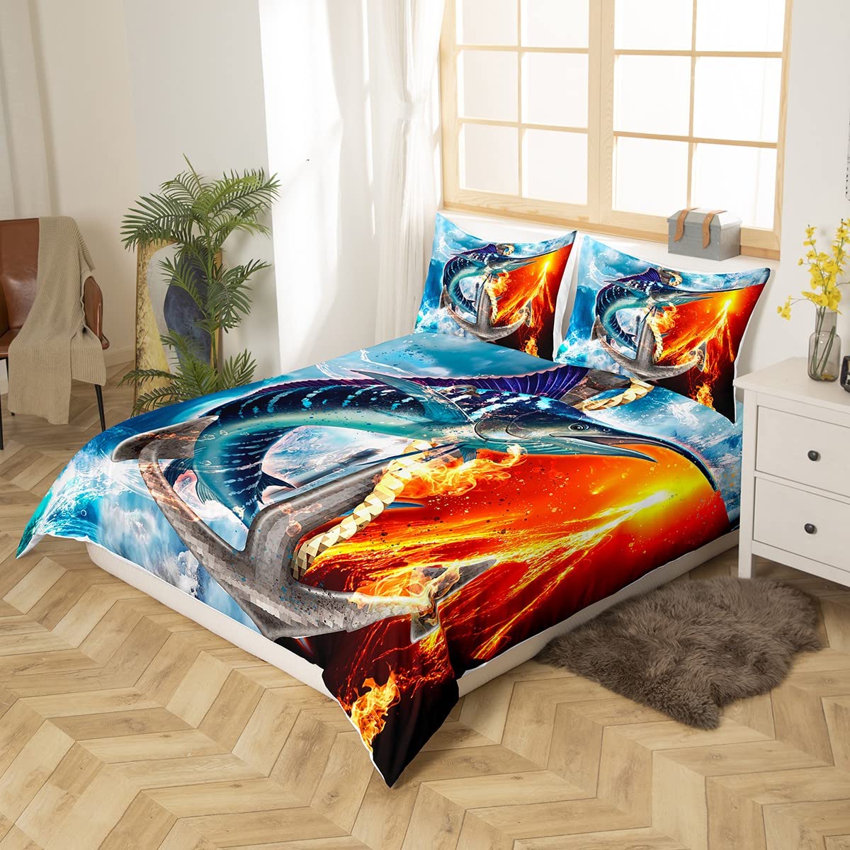 Marlin Swordfish Bedding Set for Kids Boys Girls Ocean Fish Comforter Cover Set Nautical Fishing Duvet Cover Marine Sealife Bedroom Decor Bedspread Cover Double Size Bedding Collection 3Pcs Boys - Image 2