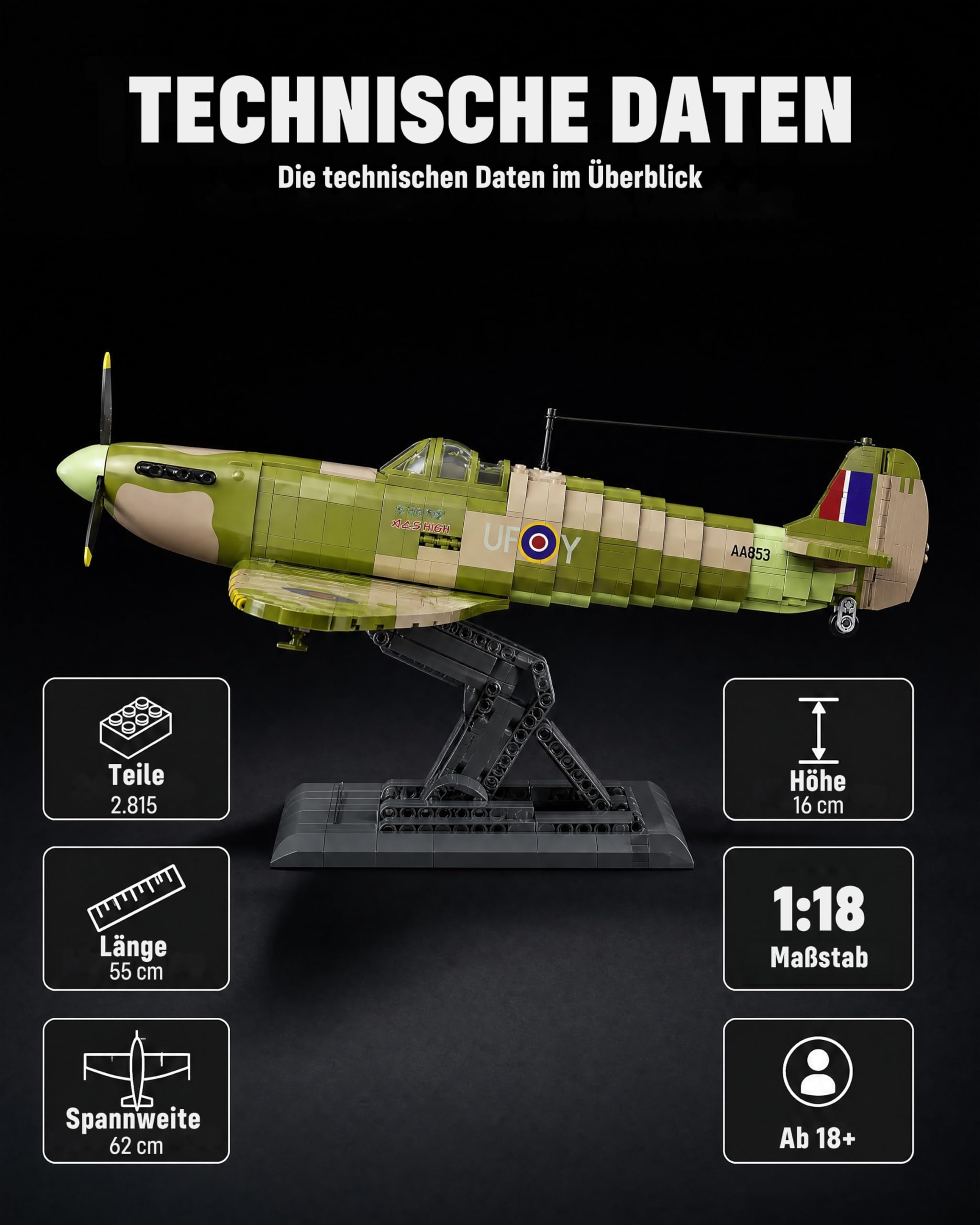 Revell Brick System Iron Maiden Spitfire MK.II Aces High | Klemmbaustein Set 1:18 mit 2802 Teilen | mit Eddie Pilot Figur, beweglichem Propeller & Cockpit | ab 18 Jahren