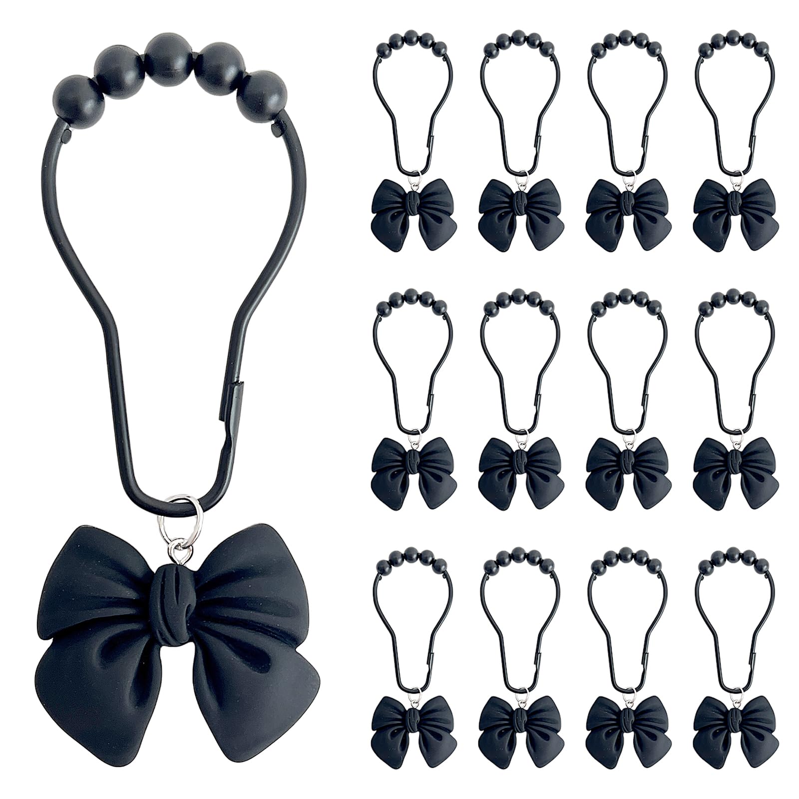 Black Bow Knot Shower Curtain Hooks, 12PCS Rust Proof Shower Curtain Rings for Bathroom, Metal Decorative Shower Curtain Hangers Bathroom Accessories