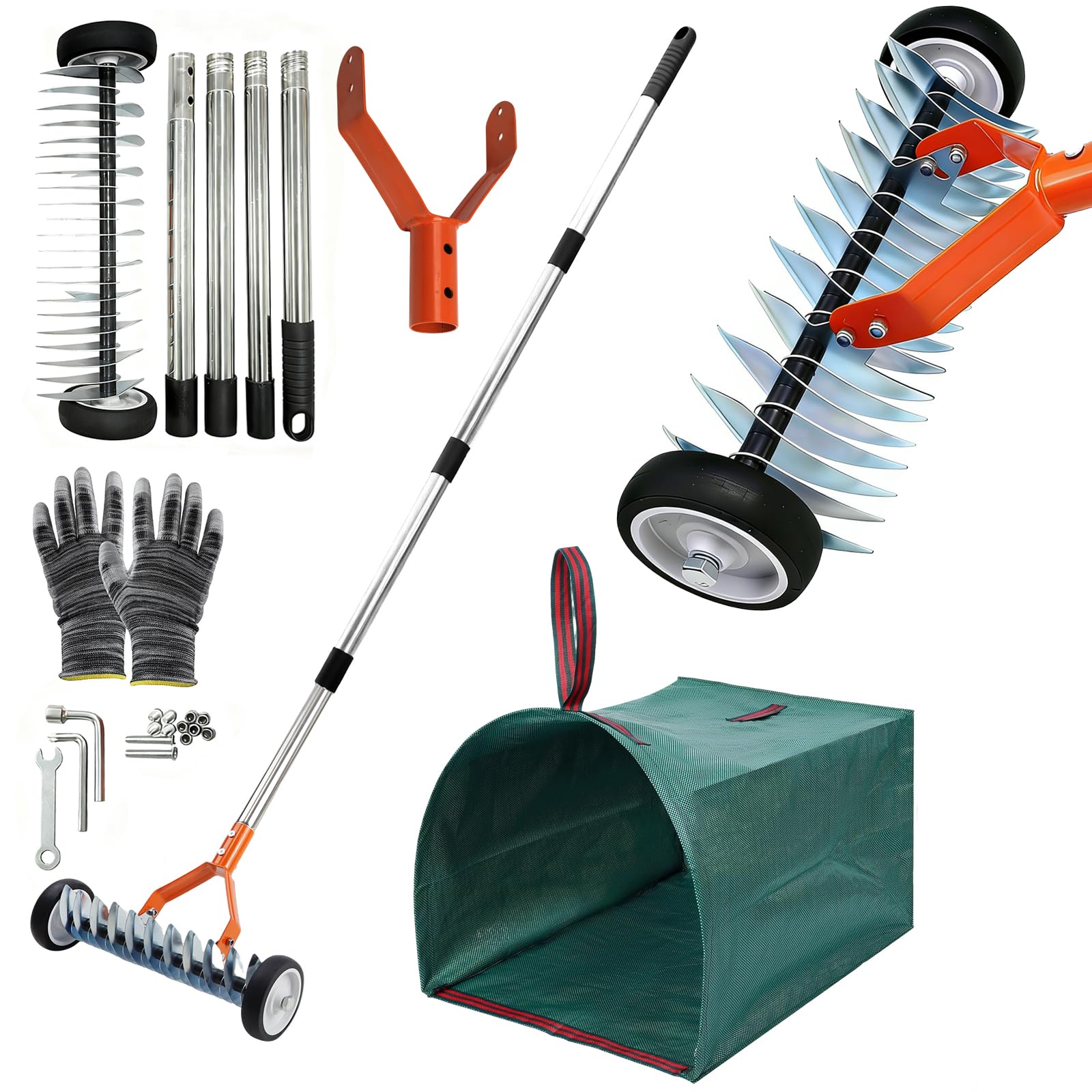 Photo 1 of Adjustable Thatch Rake with Wheels - 38"-65" Handle, 21 & 11 Dual-Sided Steel Tines, Heavy-Duty Lawn Dethatching Rake for Cool & Warm Season Grass, Landscape and Lawn Care