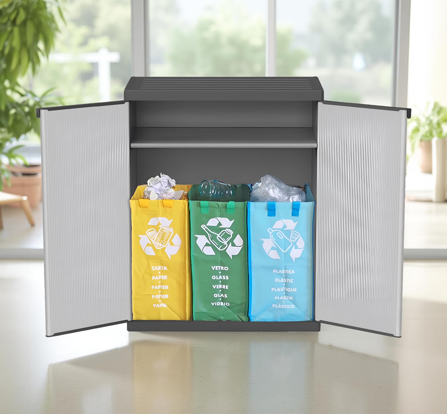 Armadio Basso 2 Ante da Esterno 68x40x85h cm, Ripiano e Maniglie + 3 Borse Raccolta Differenziata Colorate - Idrorepellente, Riciclaggio, Robusto, Anti odore, Lavabile - Sistemi Modulari
