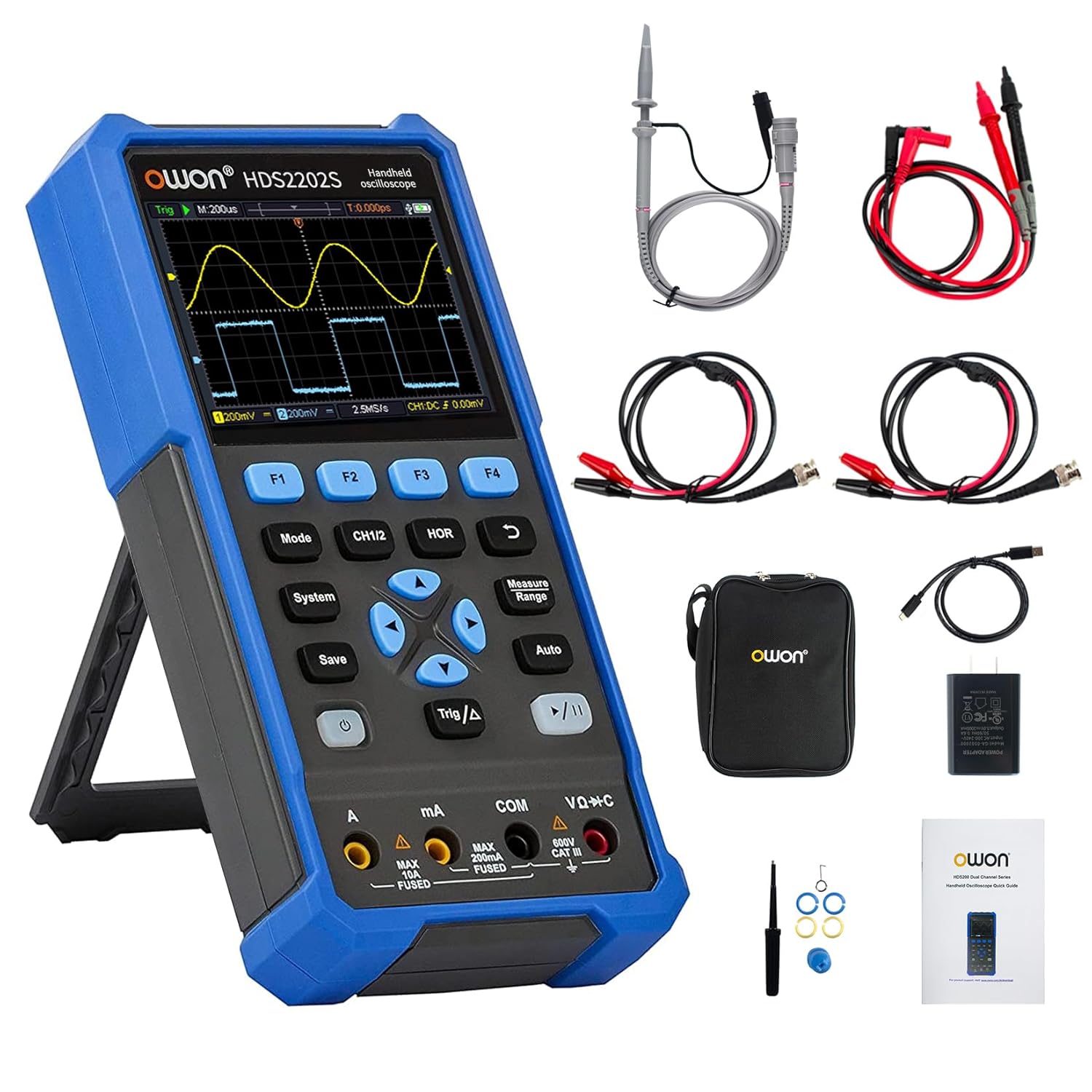 OWON HDS2202S 3-in-1 Handheld Oscilloscope: 200MHz 1GSa/s Scope, 20000-Count DMM, Waveform Generator, 3.5" LCD Portable Tester