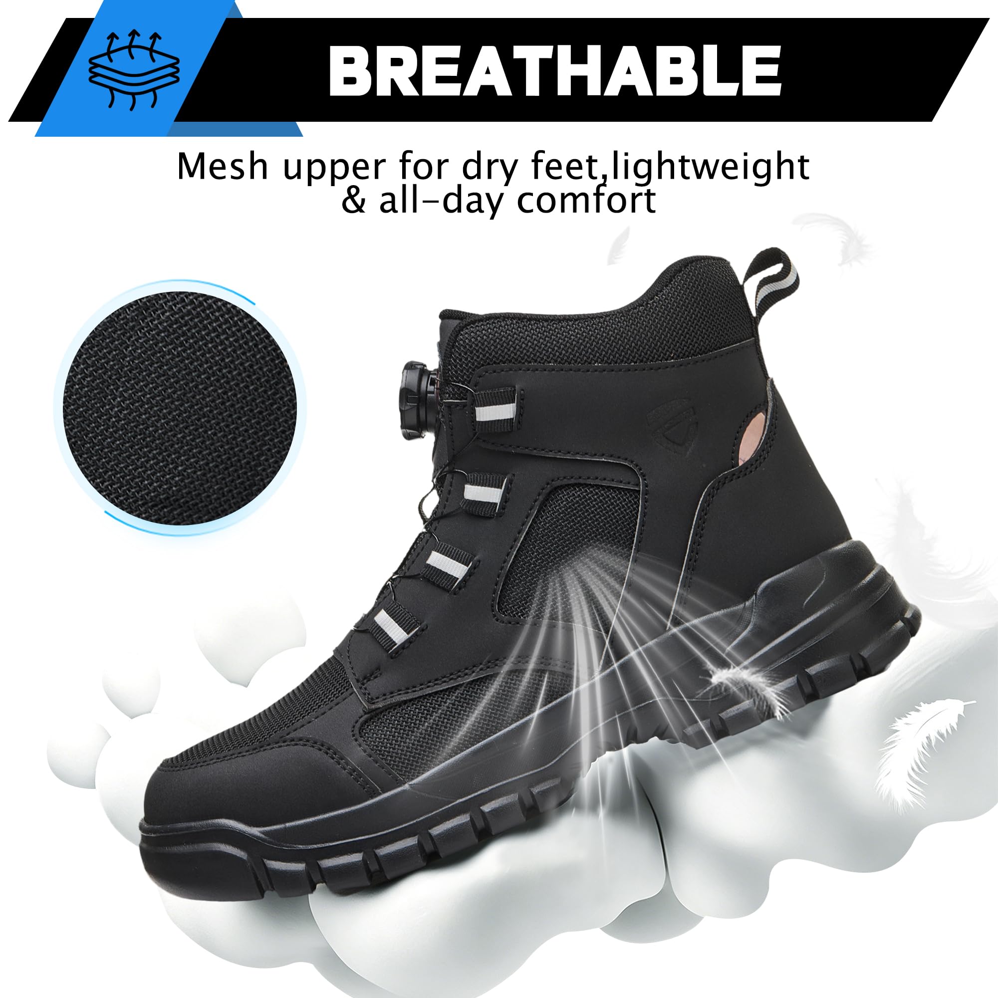 Sicherheitsstiefel Herren Damen Atmungsaktiv Arbeitsschuhe Hoch Leicht | Sportlich Sicherheitsschuhe mit Stahlkappe, Drehverschluss, rutschfeste Gummisohle für Bau Werkstatt Lager