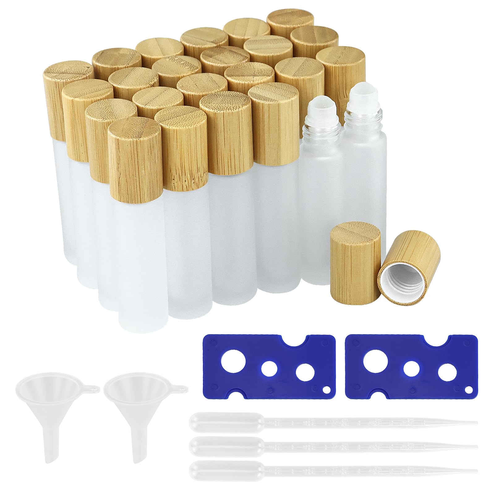 Lot de 25 bouteilles roll-on vides de 10 ml, en verre transparent, avec rouleau en acier inoxydable et bouchon en bambou pour huile essentielle, spa, massage