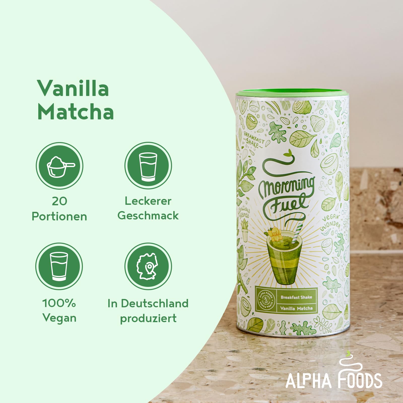 Alpha Foods Morning Fuel Vanille Matcha Shake, Morgens Satt & Gesund, Vitamin- und Nährstoffreiche Frühstücksmischung mit Protein aus Samen, Quinoa & Mandeln, 600 Gramm Pulver, 20 Portionen