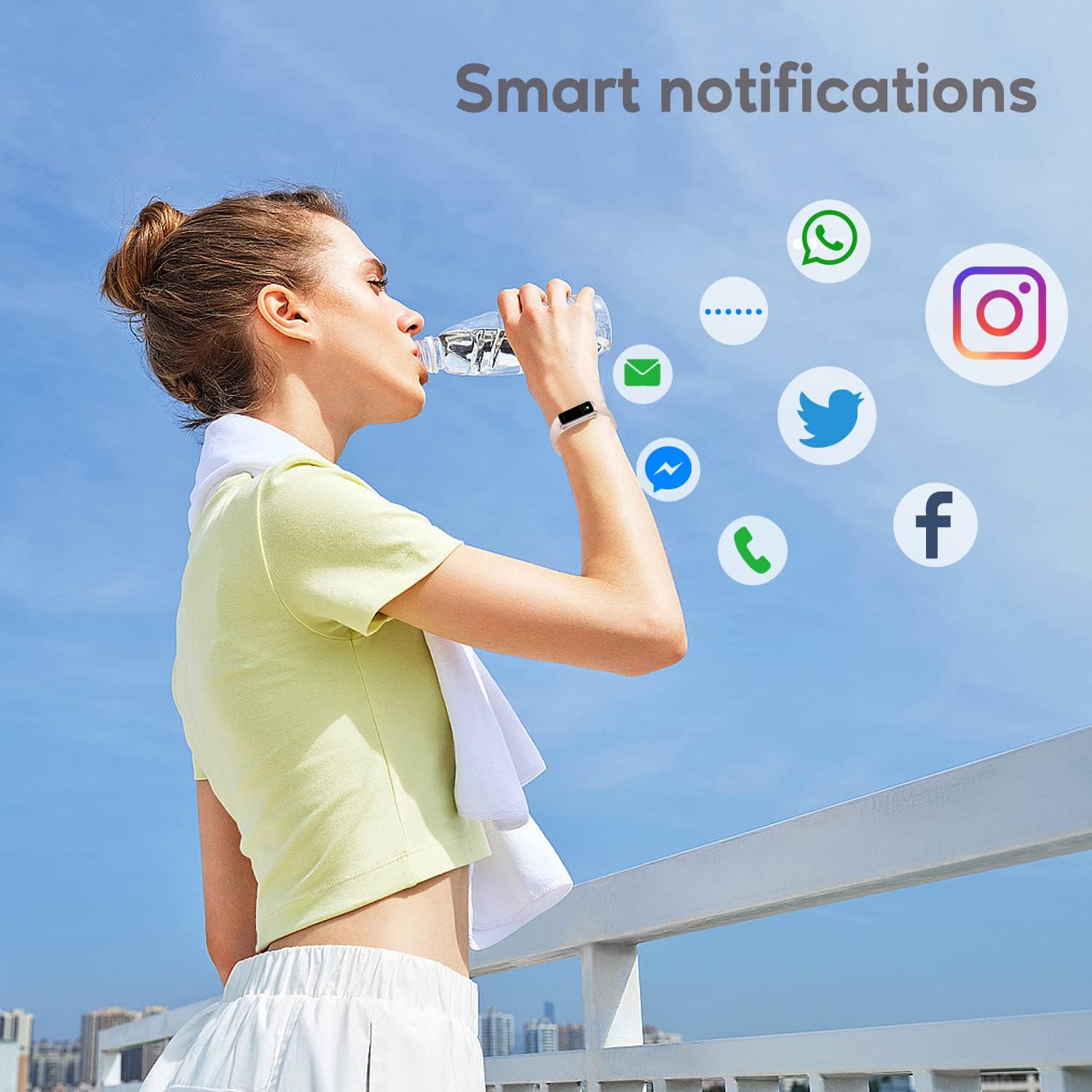 A person drinking water with various app notification icons (WhatsApp, Email, Twitter, Facebook, Phone) floating around, illustrating smart notifications on the ASWEE Smart Watch.