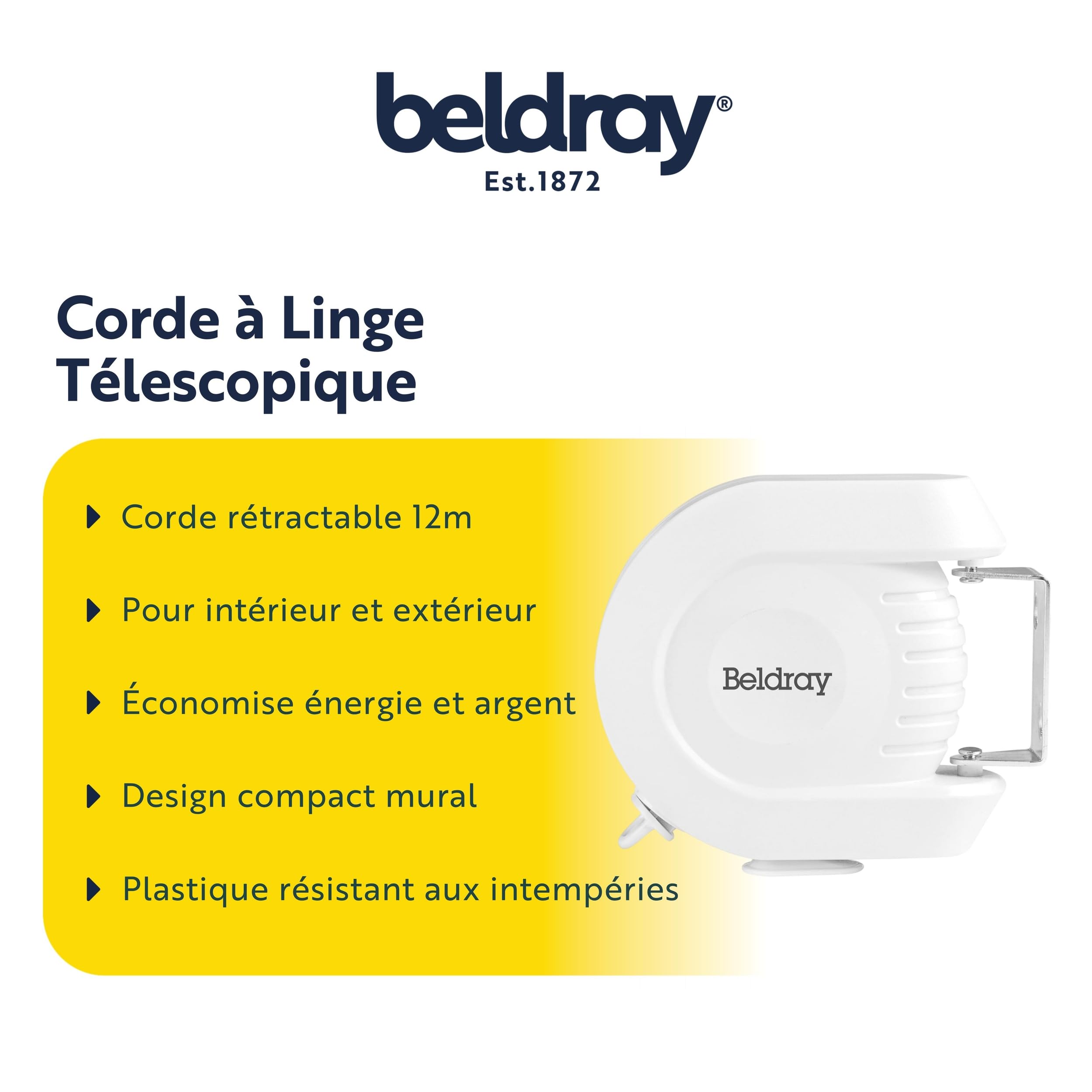 Beldray Corde à Linge Rétractable 12 mètres, Fil à Linge Rétractable Extérieur ou Intérieur pour Vêtements, Très Résistant, Installation Murale Flexible et Facile, Étendoir à Linge pour Murs