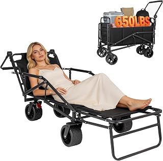 2-in-1 Folding Wagon Cart & Beach Chair, 650lbs Capacity Heavy Duty Utility Cart, All-Terrain Wheels Collapsible Wagon for Beach Camping Sports Garden Shopping - Black