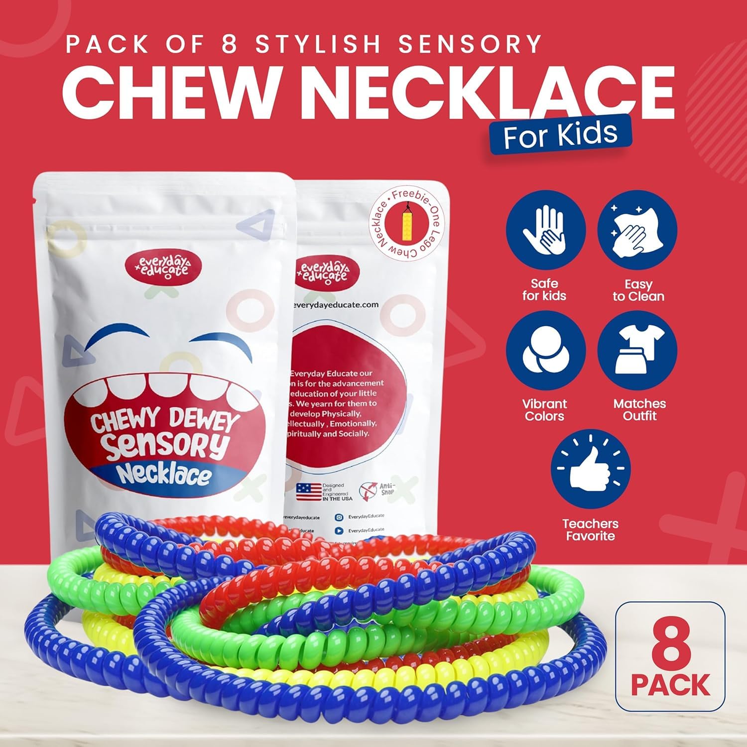 Durable Chew Necklaces for Kids – BPA-Free Silicone Chew Toy for ADHD and Autism, Oral Motor Teething Toys, Fidget Necklace for Boys and Girls – Sensory Chewy Necklace, 8 Pack