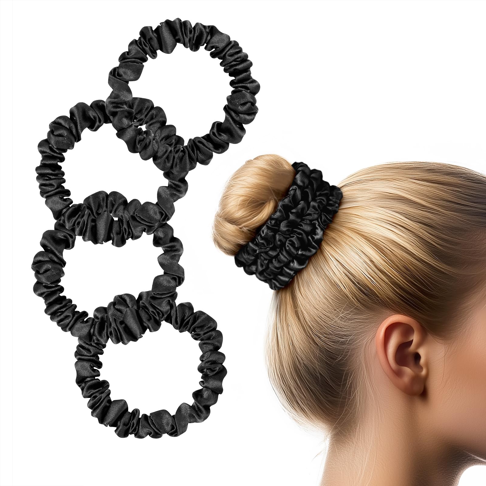 Zenssia Silk Scrunchies for Hair, 4PC Pure Mulberry Silk Hair Ties No Damage, Skinny Elastic Scrunchies for Fine & Thin Hair, Black