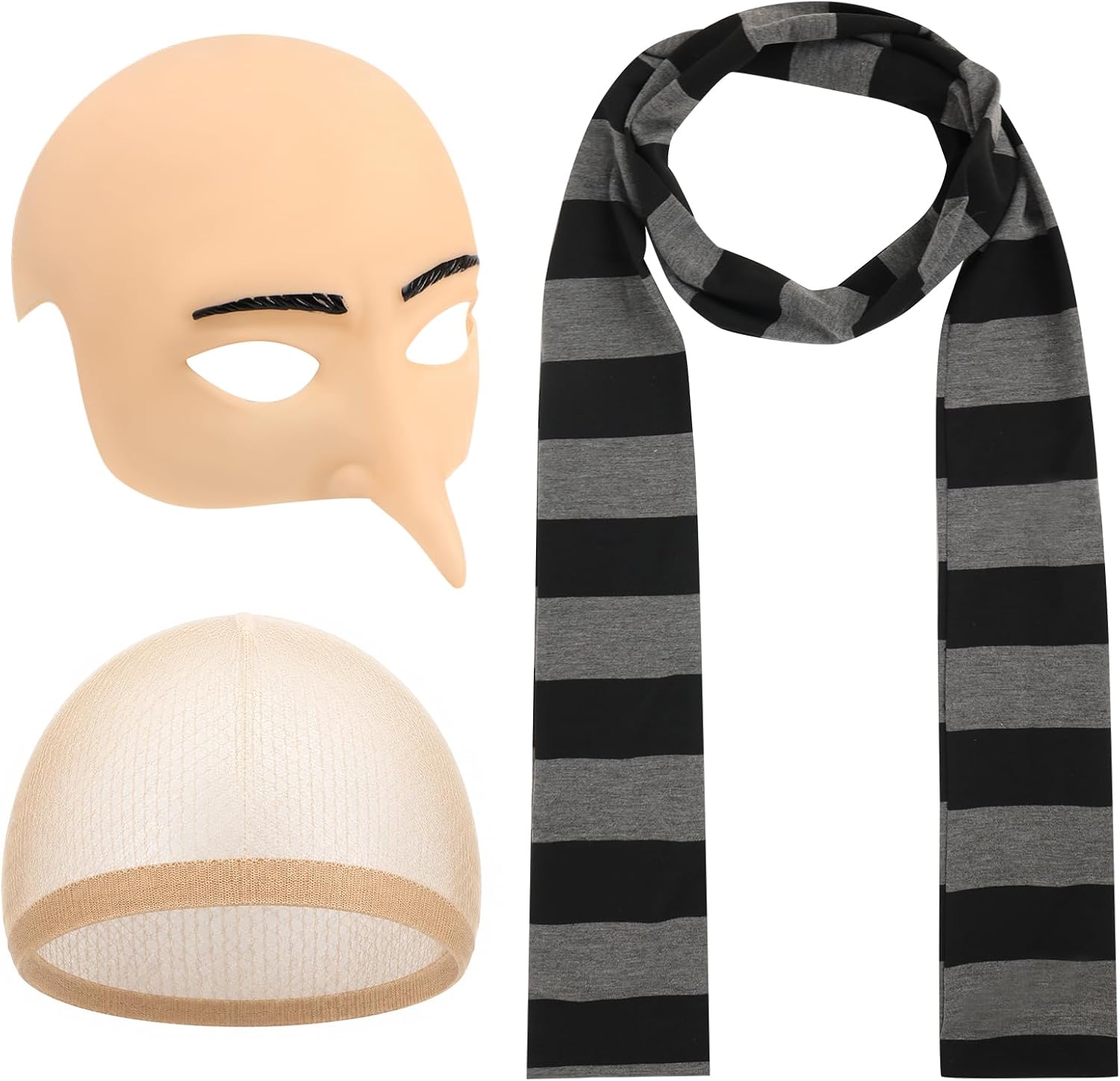 3 Pcs Gru Costume Party Cosplay Events and Themed Functions, Includes Bald Cap for Men, Gru Scarf and Hair Net Set for Halloween Costumes Accessories