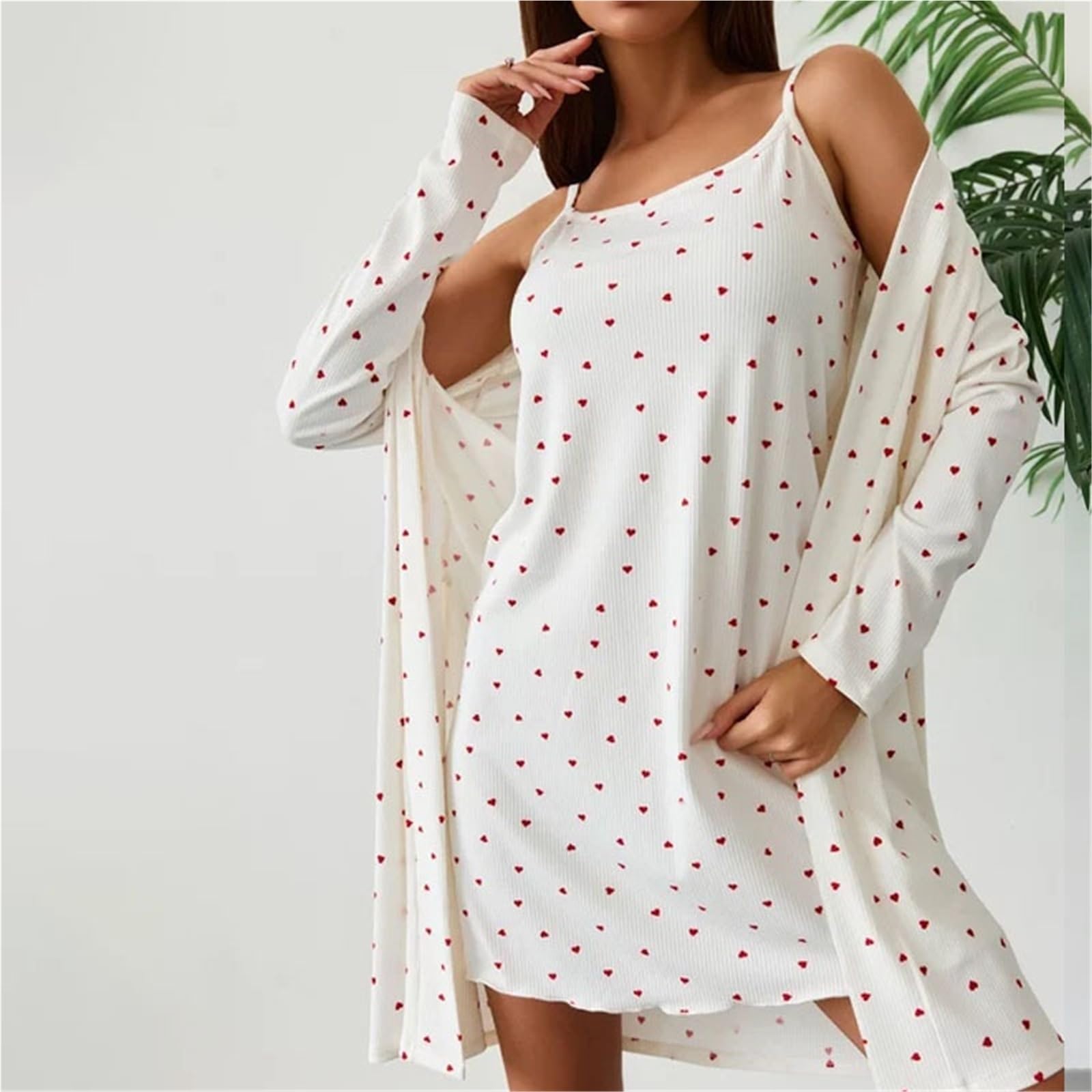 Conjunto de Pijama Dos Piezas con Estampado Lunares, minivestidos, cárdigan Manga Larga Cordones, Traje Informal for salón, Verano para Descanso en casa
