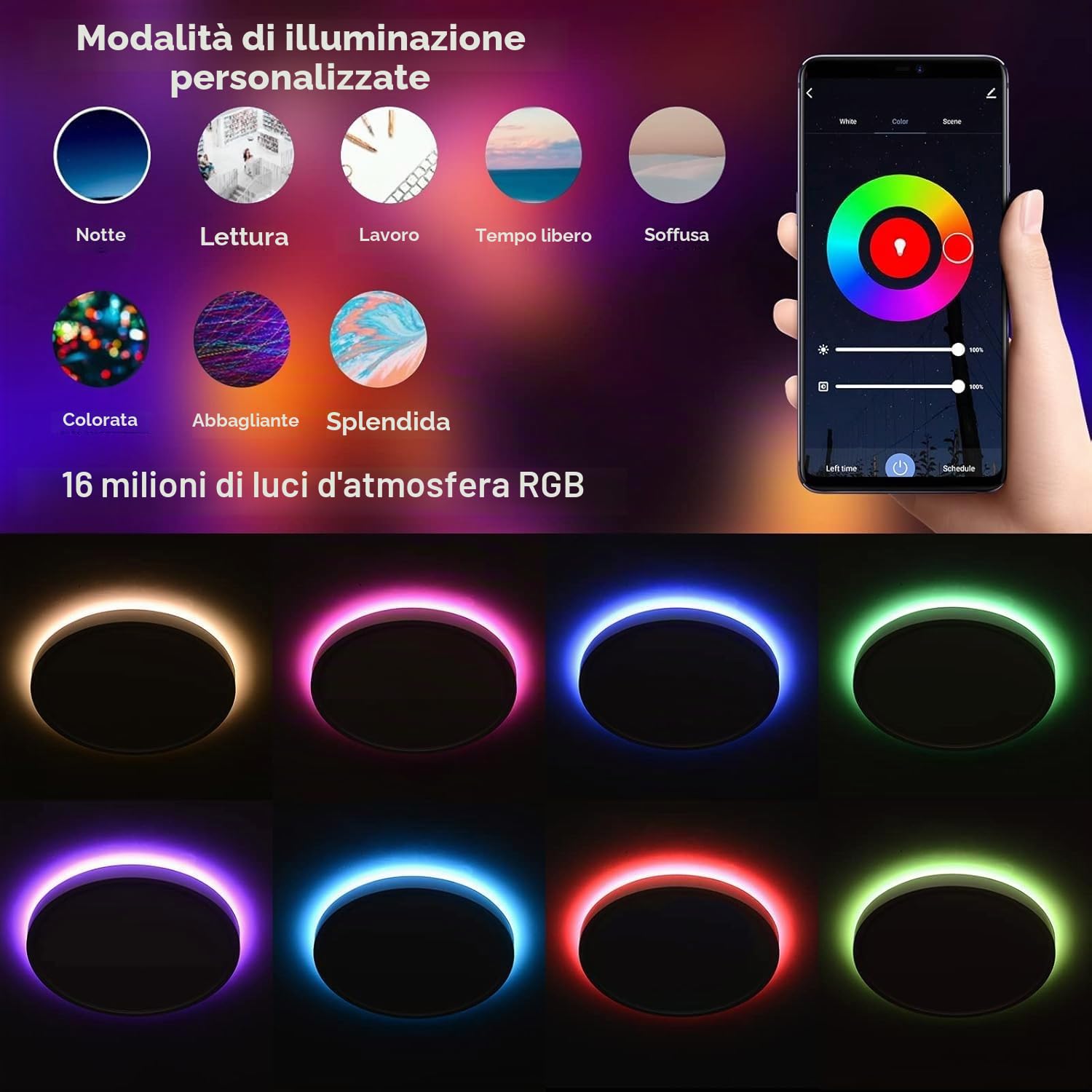 ANTENLICHT Lampada da soffitto LED Smart 24 W, compatibile con Alexa e Google Assistant Ø30 cm, controllabile tramite app con 16 milioni di colori fai da te,plafoniera WiFi con telecomando per camera