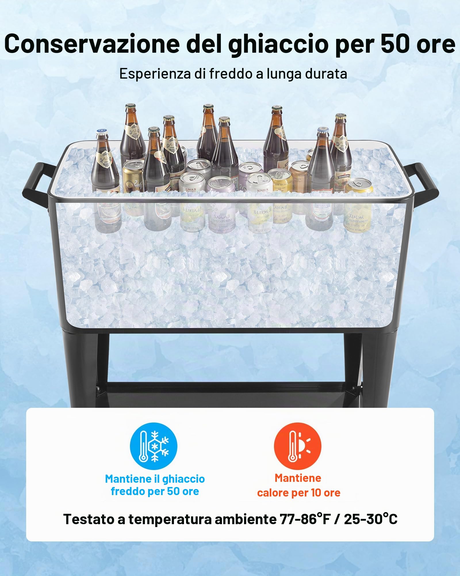 VEVOR Ghiacciaia Mobile da 75,71 L, Può Contenere Fino a 50 Bottiglie/110 Lattine, Carrello Portatile per Bevande da Bar per Feste, Contenitore per Bevande con Cestino Laterale e Apribottiglie, Nero