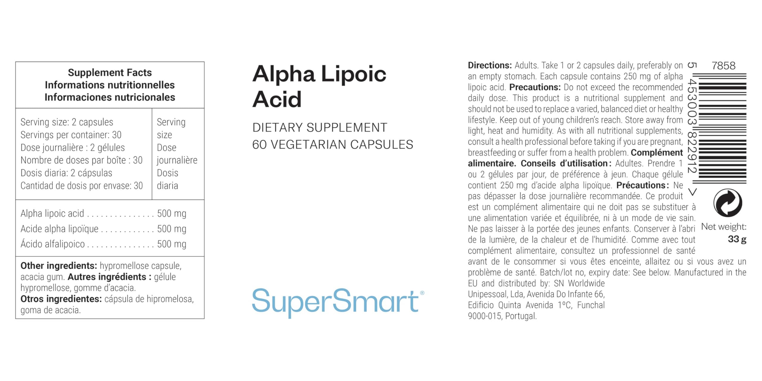 Acido alfa lipoico - Antiossidante - Antinfiammatorio - Antietà - Forme R e S in quantità uguali - Potenzia le vitamine C ed E - Vegano - Supersmart