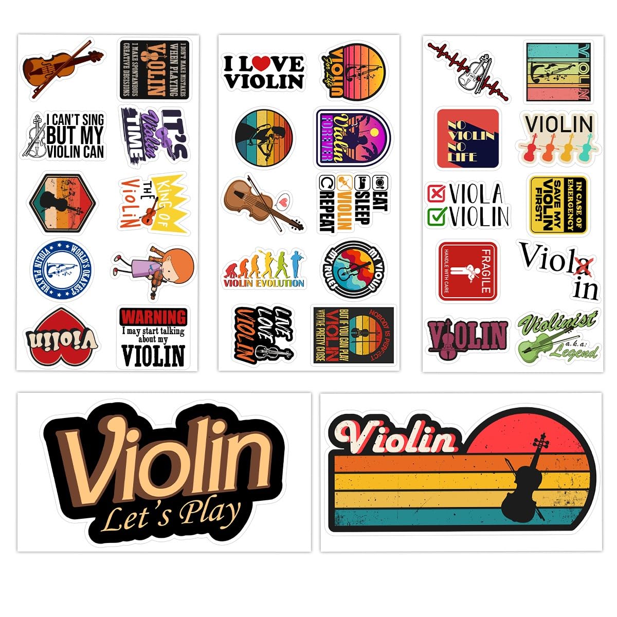 BETANAS Violin Sticker Pack 32 pcs Waterproof Vinyl Stickers Gift for Birthday, Musical Instrument Decals for Water Bottles Laptop Car Windows Decor