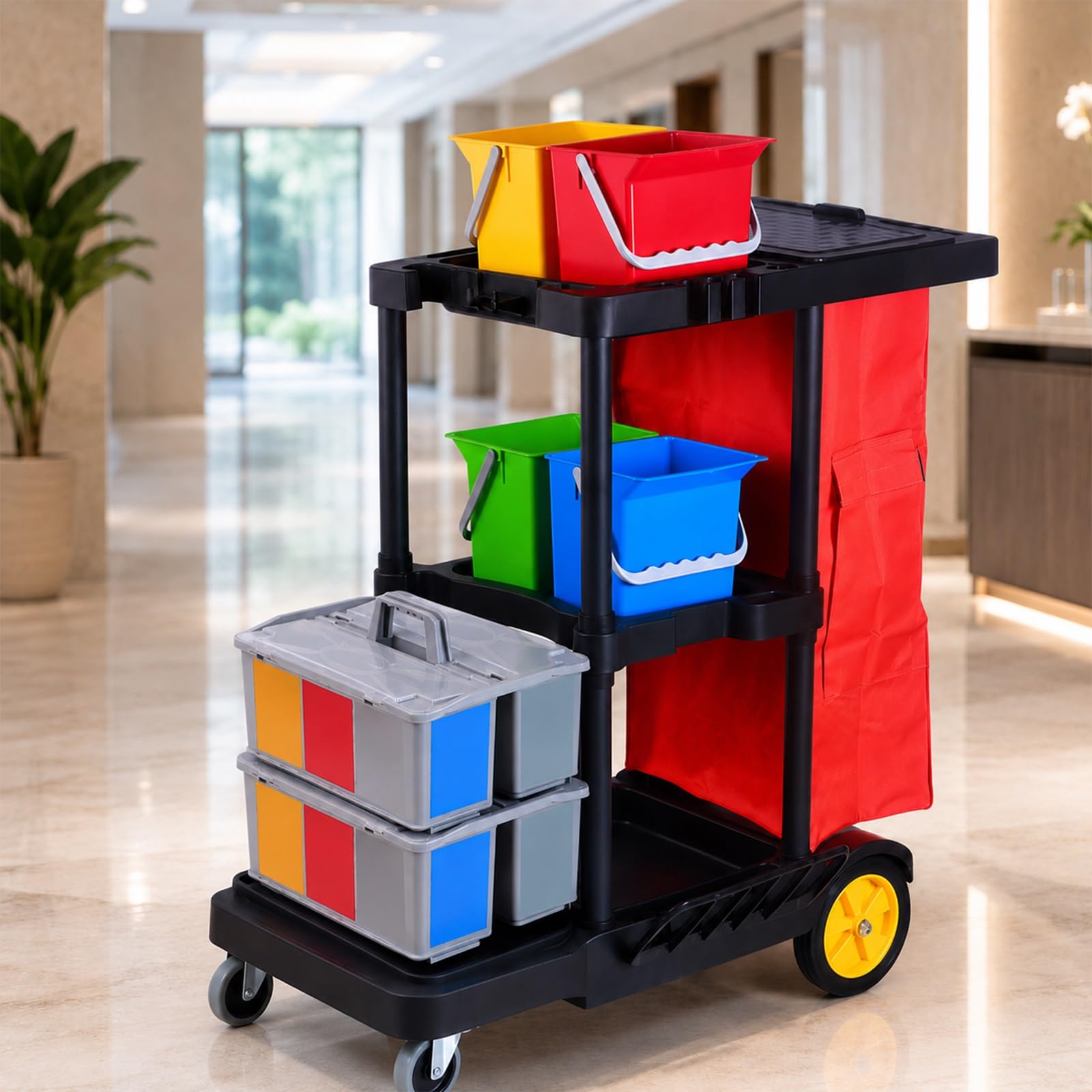 Cleaning Trolley on Wheels with 4 x 6 L Buckets and Bag,Janitorial cart, storage trolley, cleaning product carrier, for hotel and restaurant, 110 x 56 x 101(2-Tier Sorting Box)