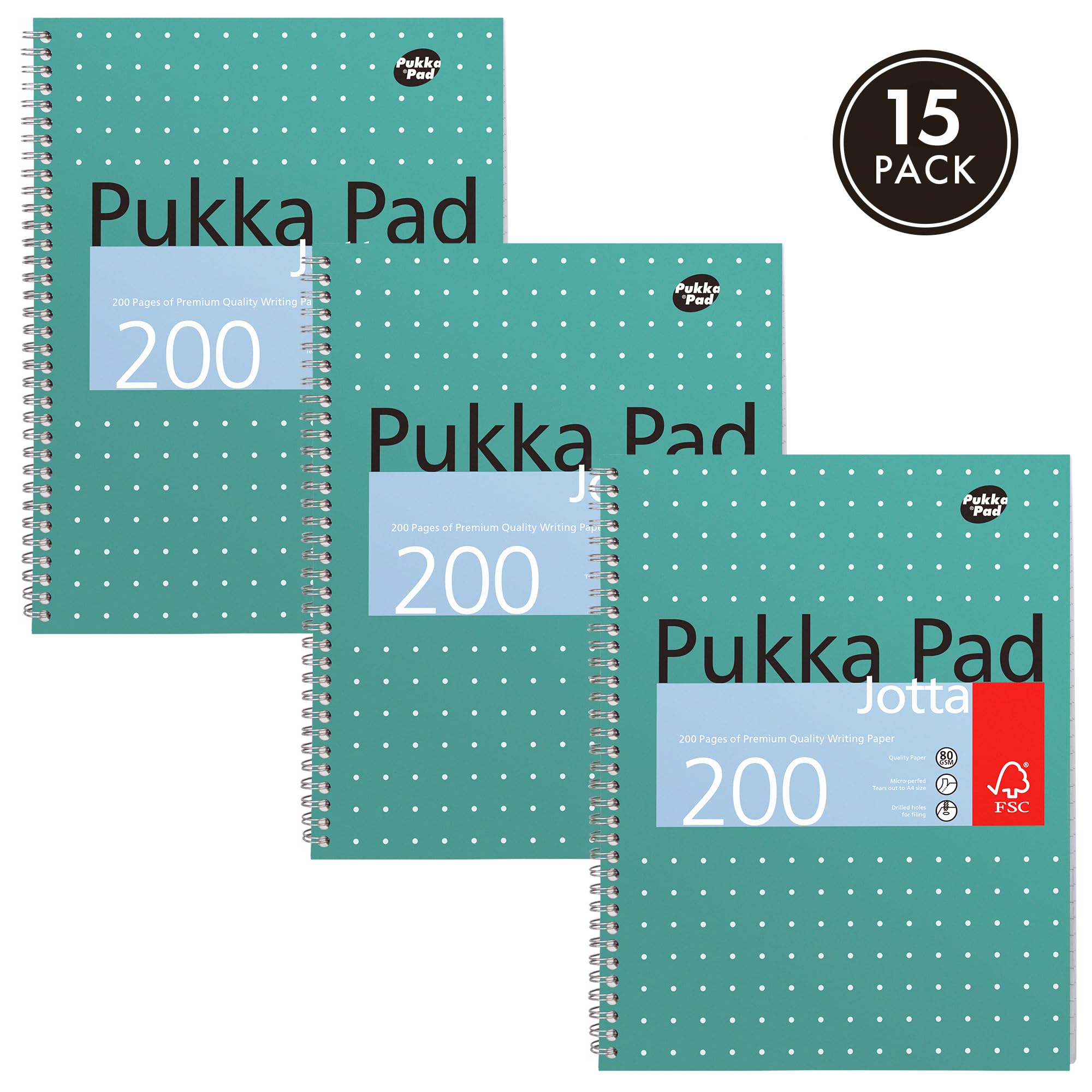 Pukka Pad, Jotta-Buch, A4+, Metallic, Großpackung, 22,5 x 29,6 cm, Spiralbindung, 8 mm Linien und 80 g/m² Papier, mit 4-Loch-Rändern und perforierten Kanten, 200 Seiten, Grün, 15 Stück