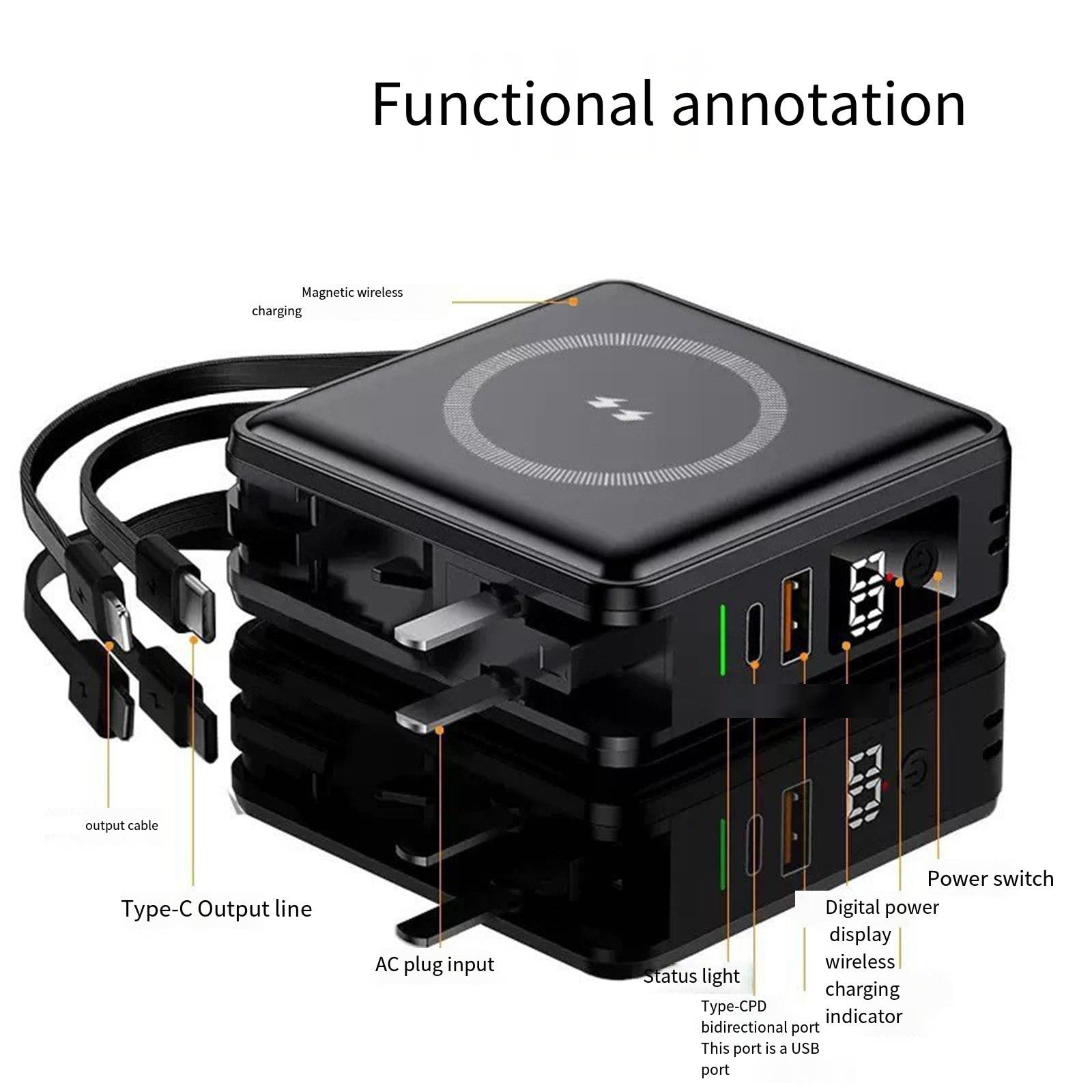 Ładowarka bezprzewodowa magnetyczna 15 W z podwójnym przewodem Pd22,5 W, szybki powerbank o dużej pojemności, przenośny zasilacz, biały