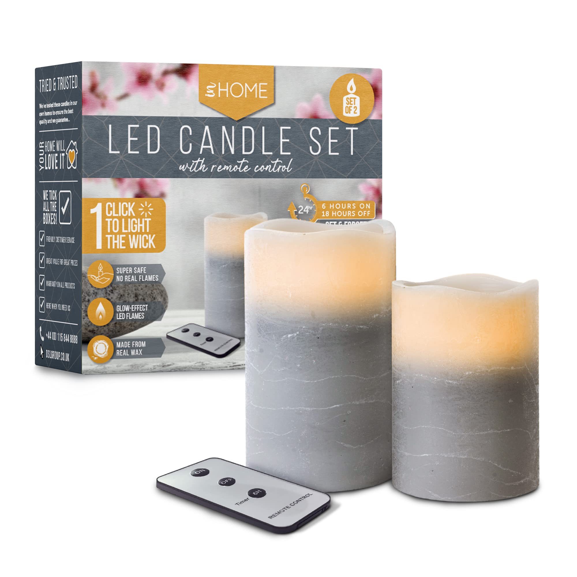 iN LED Candles | LED Candles Flickering | Grey Dipped Melted Edge Dancing Electric Flameless Flame Candle with Remote Control - Battery Operated (Set of 2)