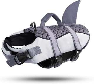 CITÉTOILE Schwimmweste für Hunde, Hai, Schwimmweste mit Griff und reflektierend, für kleine große Hunde, Rettungsweste für Tiere, Wassersport im Meer/See/Fluss, Grau, L