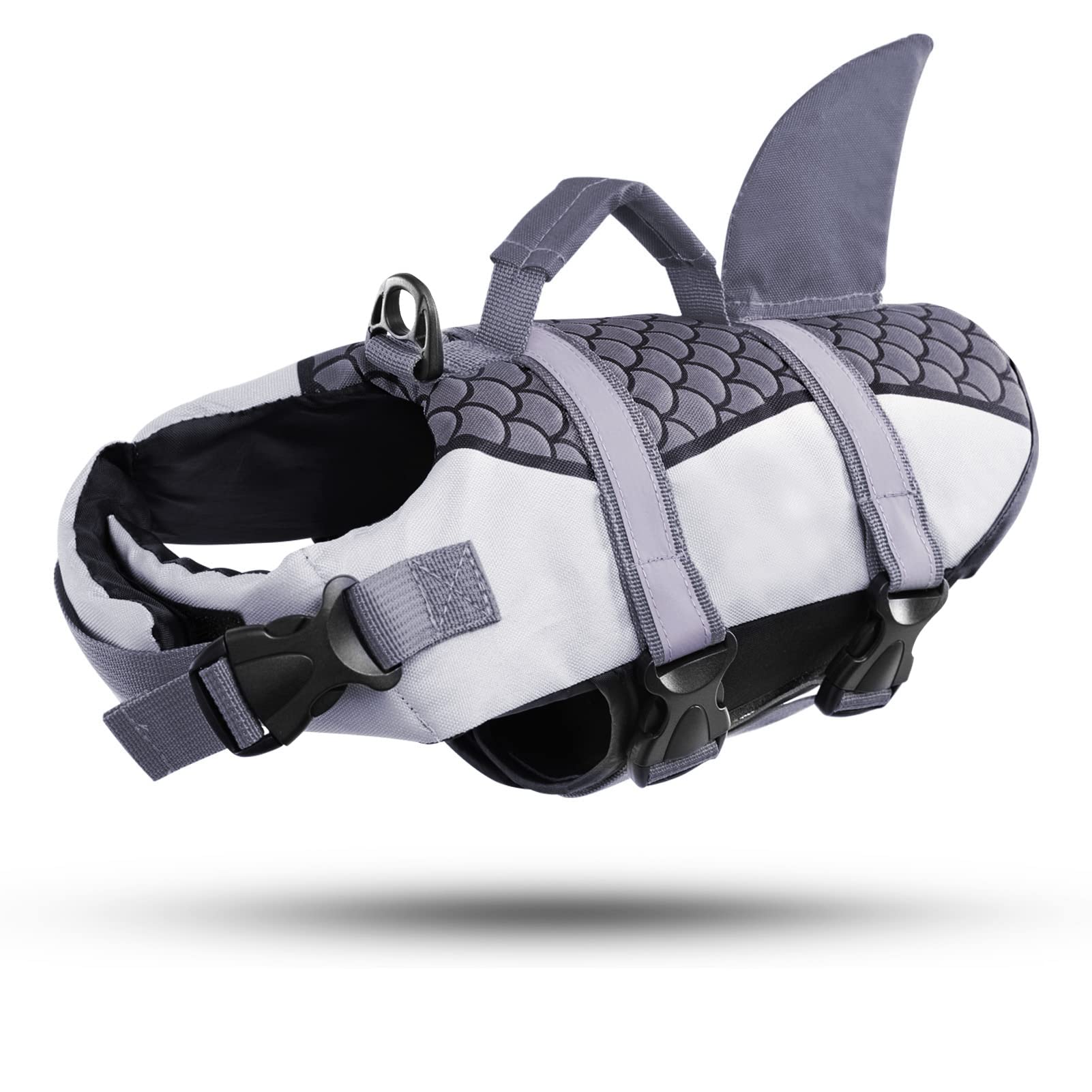 CITÉTOILE Chaleco Salvavidas de Tiburón para Perros, Flotador para Perros con Asa y Reflectante, Chaleco de Flotación para Pperros Pequeños y Grandes para Deportes Acuáticos en Mar/Lago/Río, Gris, M