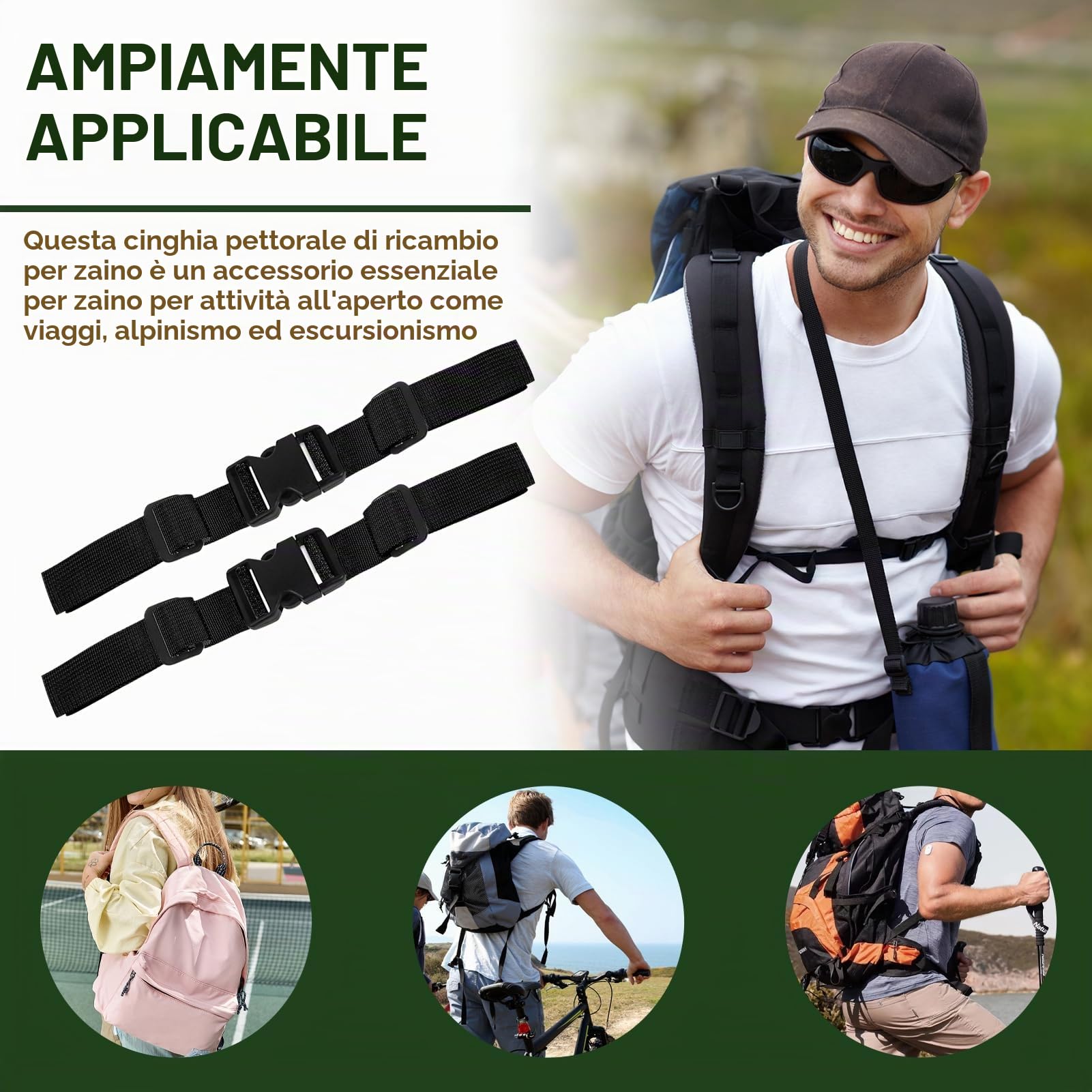 2 Pezzi Cintura Toracica Regolabile, 2.5cm Cinturino per Zaino Antiscivolo Resistente con Chiusura Rapida, Universale per Qualsiasi Zaino, per Jogging, Escursioni, Viaggi all'aperto (Nero)