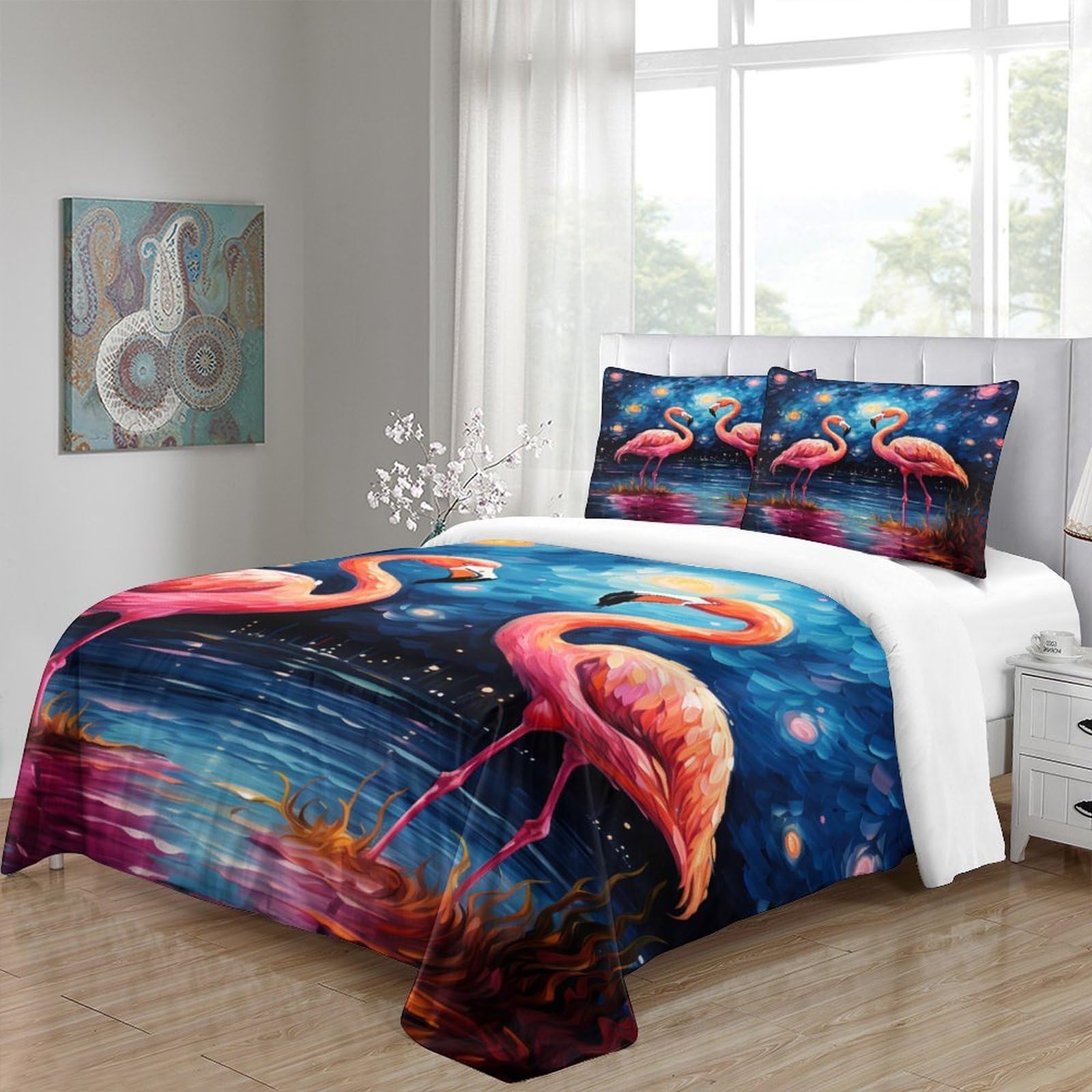 Flamingo-Pärchen 3D-Bedruckt 3er-Set Steppbezug Kunststil für den Nachthimmel Kuschelbezug Mikrofaser Staubmilbenfest Hypoallergen für Kleinkinder Jugendliche Frauen King（220x240cm）