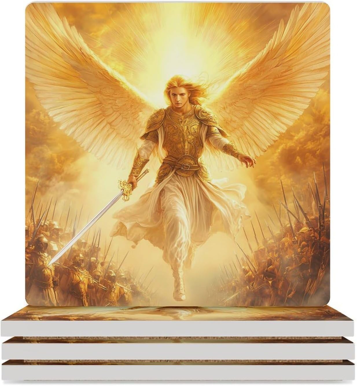 God an-gels Holding Swords Ceramic Coasters Set Square Drink Coasters Table Coaster for Kitchen Desktop Decor