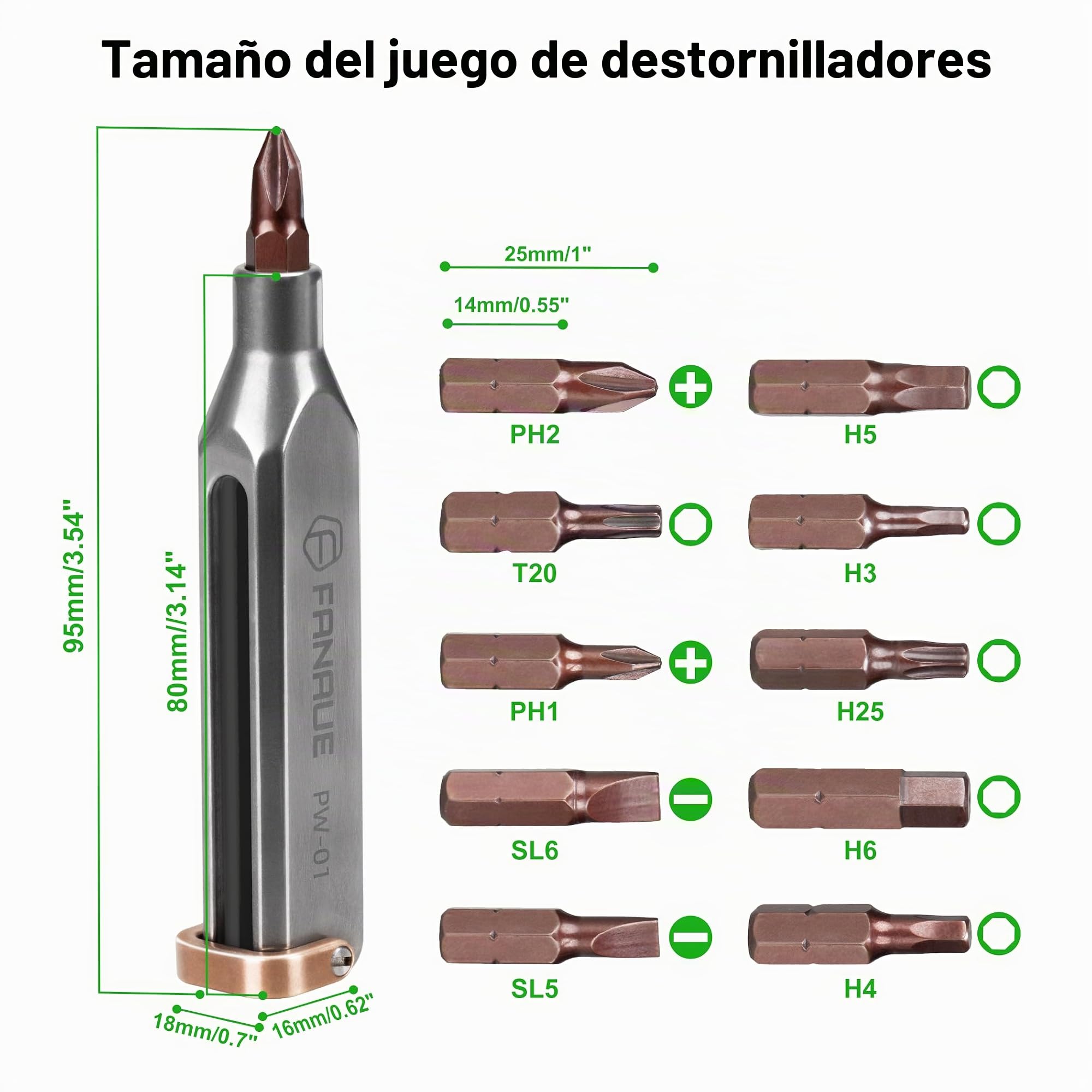 FANAUE Destornillador de bolsillo pequeño EDC de titanio con múltiples bits, kit profesional de herramientas de reparación magnéticas, juego de destornilladores de precisión mini 10 en 1, herramienta