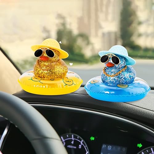 Miniatura 7 de wonuu Adorno de pato para automóvil, decoración de tablero de goma para automóvil, accesorios de tablero con anillo de natación, sombrero y collar