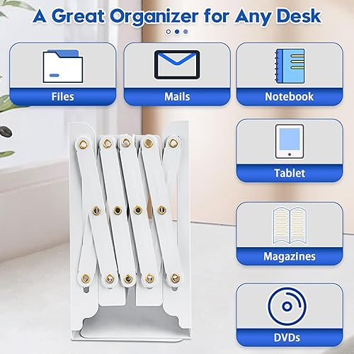 Miniatura 2 de 2 piezas de extremo de libro resistente para sostener libros, sujetalibros ajustables para estantes, organizador de libros blanco para escritorio,