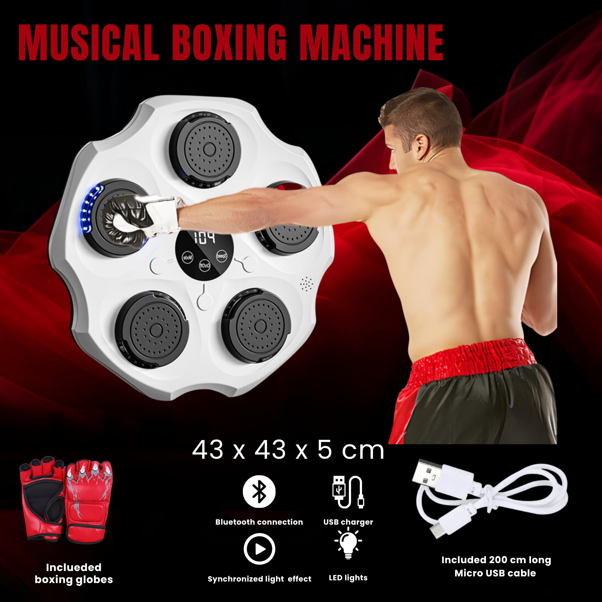 Muzyczna maszyna bokserska. Sprzęt do treningu ściennego z diodami LED, rękawicami bokserskimi, Bluetooth i światłami rytmicznymi do muzyki dla dzieci/dorosłych. (9 trybów, 43 x 43 cm)