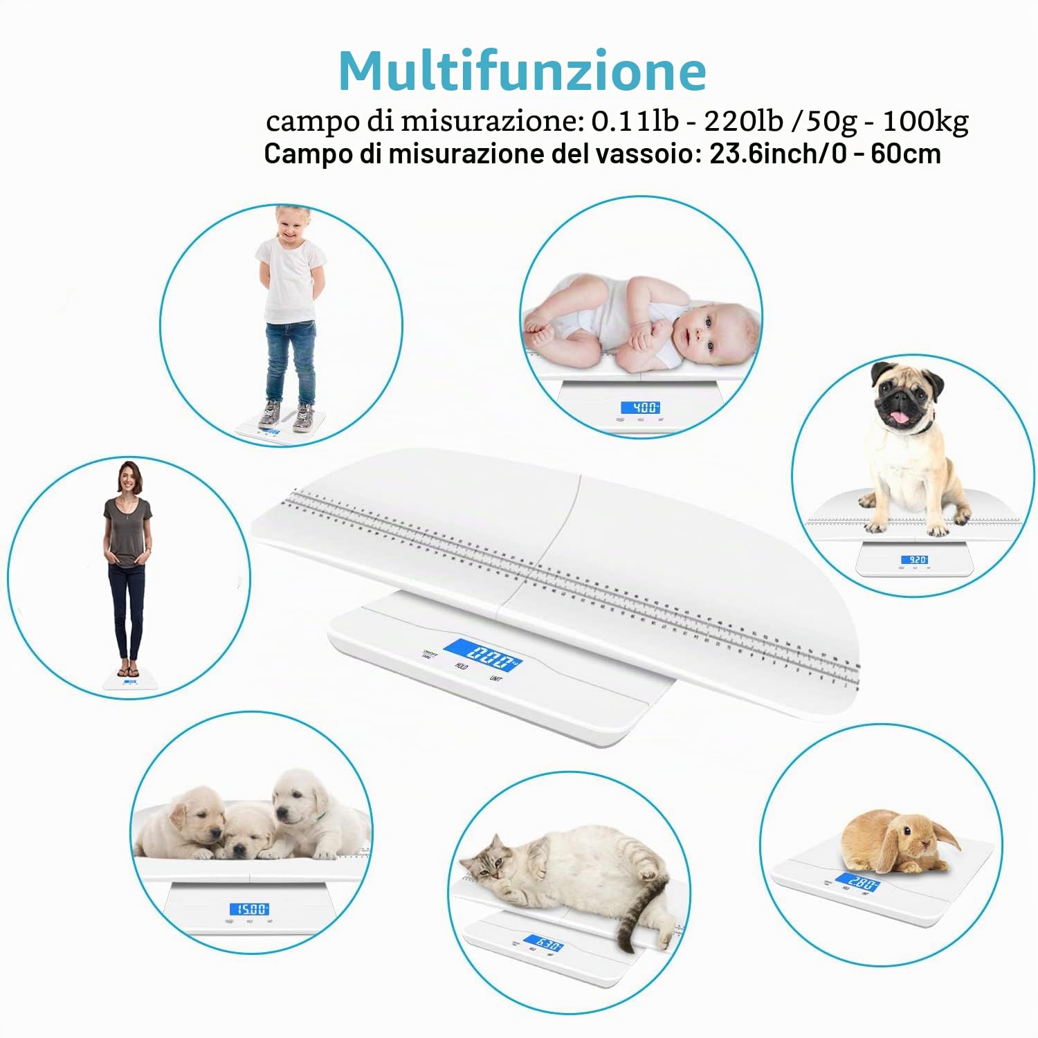 Digital Pet scale, Capacit di 100 kilogram,precisione 10 g di peso, vassoio per cani e gatti misura 60cm