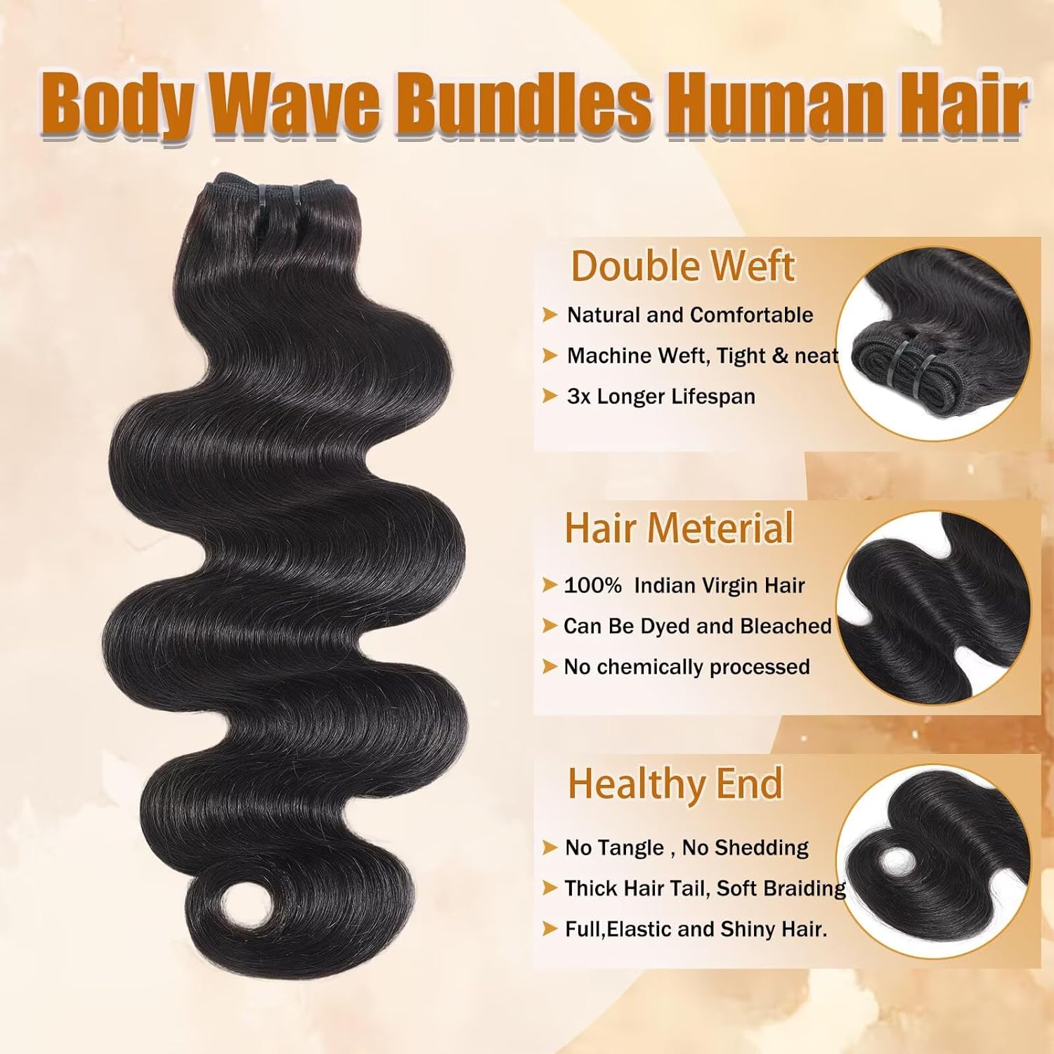 16A Raw Body Wave Bundles Human Hair 22 Inch 100% Real Virgin Hair Extensions Intact and Aligned Cuticle Avoid Tangle, Double Layer Weft Virgin Hair Extensions Thick Weave Reusable