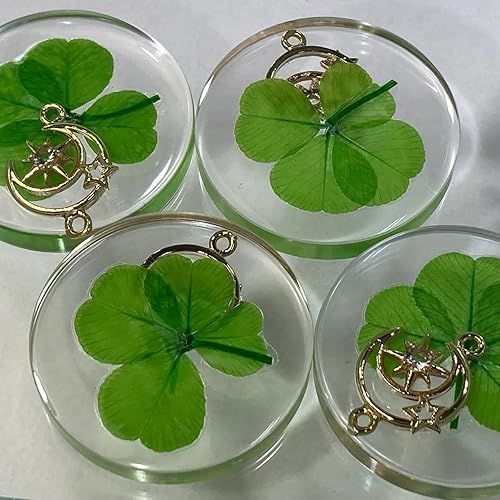 Miniatura 5 de Ficha de bolsillo de buena suerte con trébol de cuatro hojas real, conservada, 1.25 pulgadas, incluye adorno de metal (luna creciente y circonita