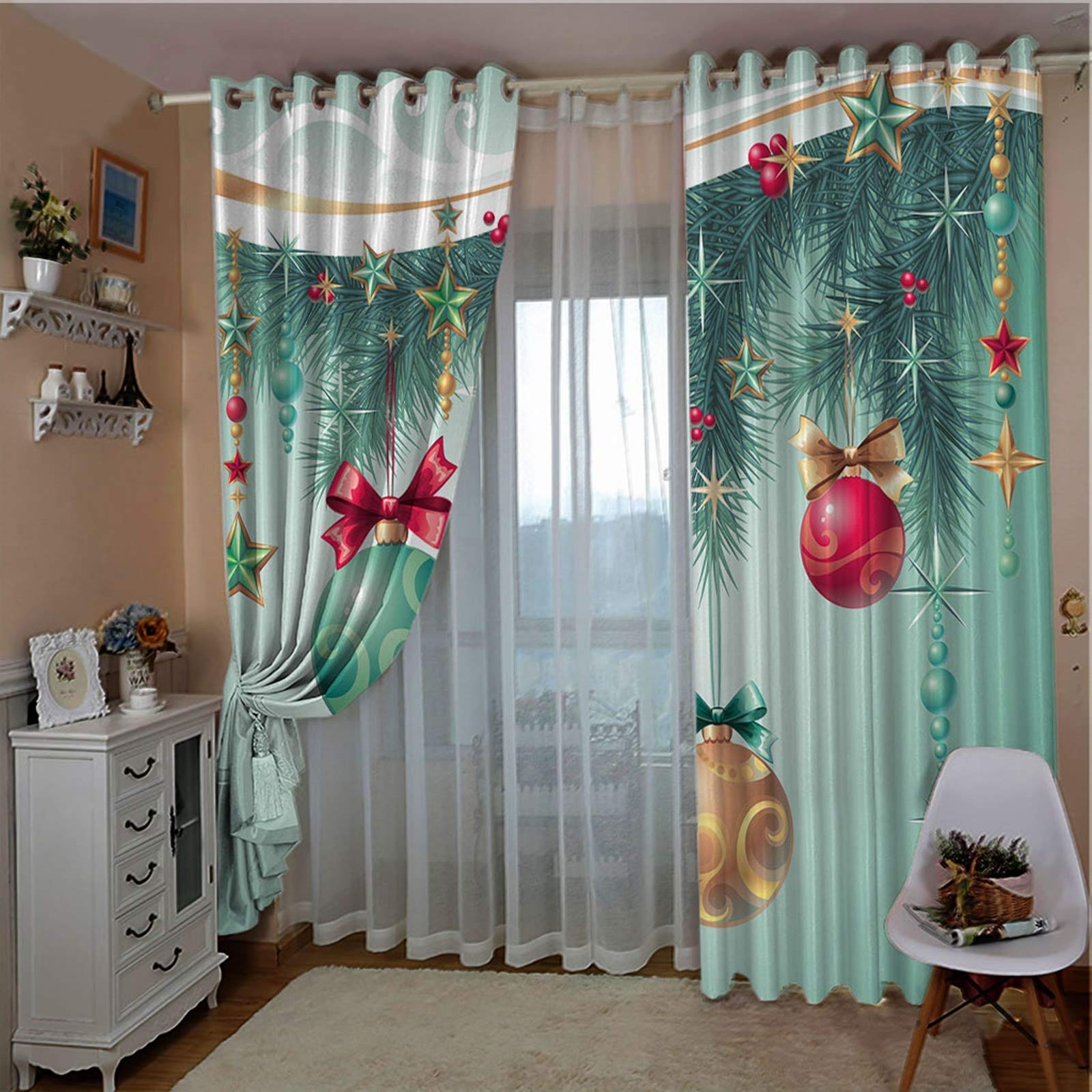 AMDXD Wohnzimmer Vorhang, Kiefer Baum Weihnachtskugel Sterne Gardinen Schlafzimmer Rot Grün Vorhänge Wohnzimmer Deko für Hotels Büros, 214x138CM (B x H)