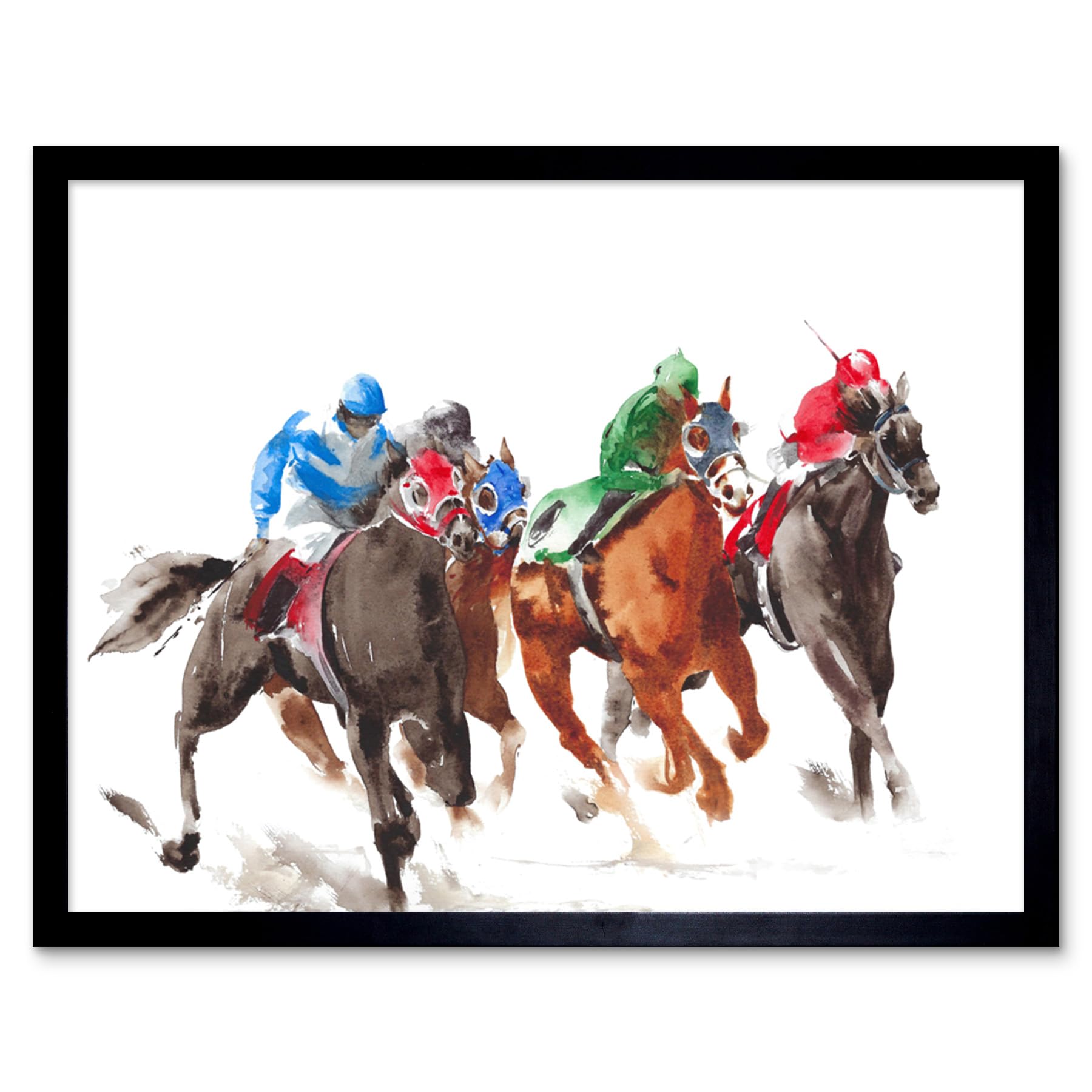 Wee Blue Coo Framed Black Racing Horses On White Art Print Framed Poster Wall Decor 12X16 Inch