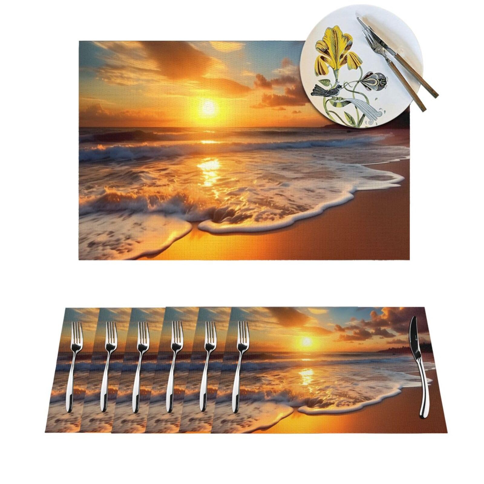 Lot de 6 sets de table en vinyle 30x45 cm lavables motif coucher de soleil
